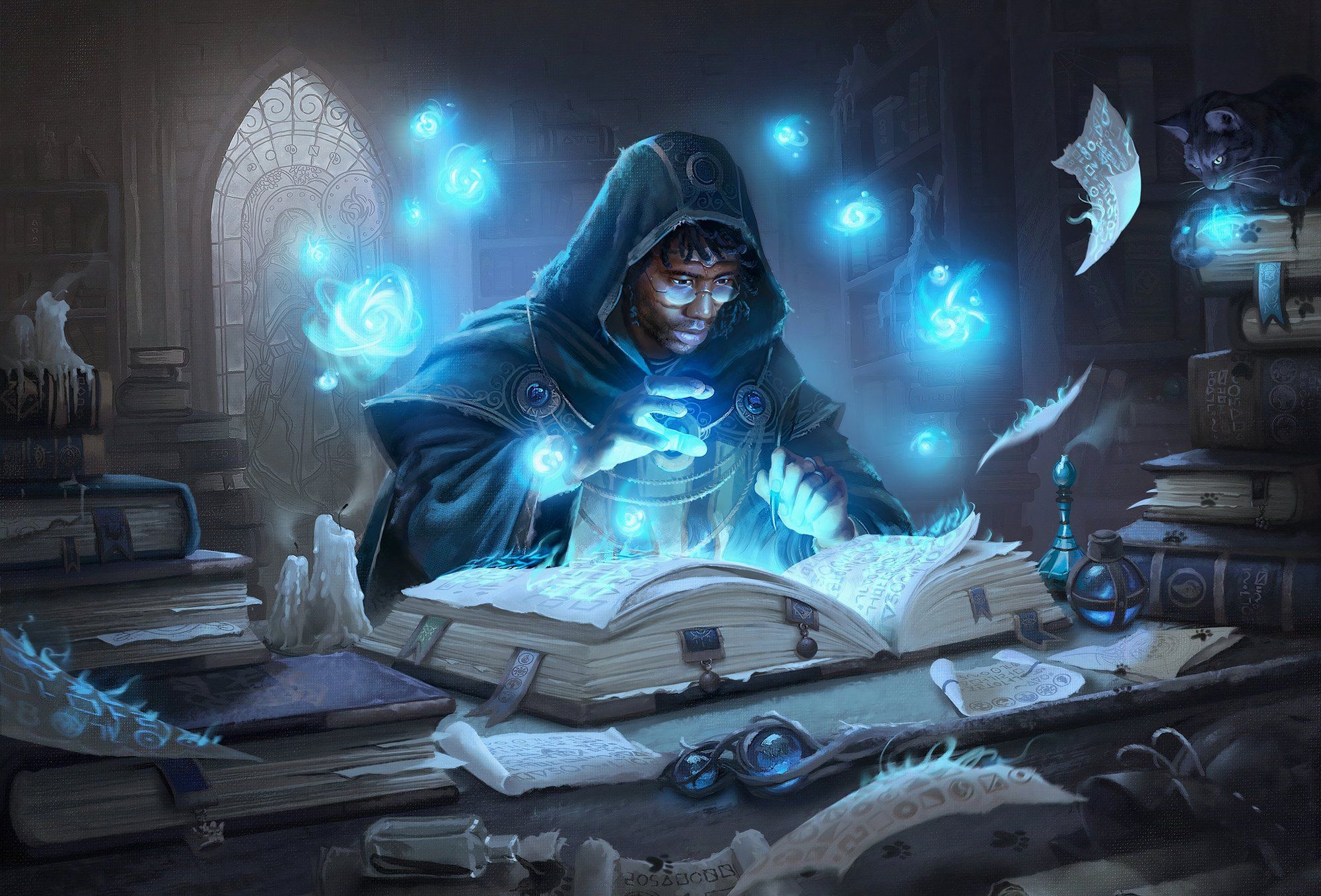 Image of Arcane Endeavor card art by Justyna Gil, featuring a wizard exploring an arcane tome.