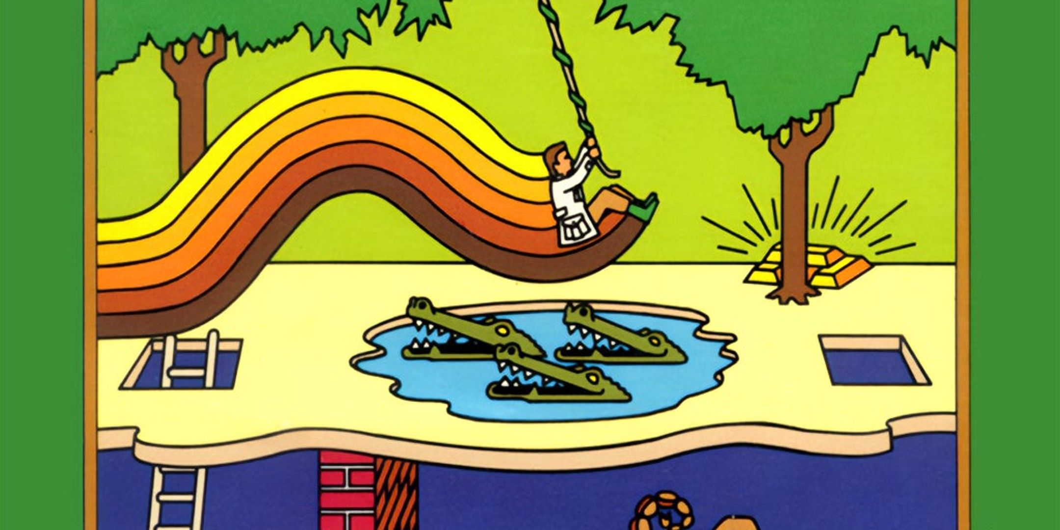 Pitfall Harry jumping over crocodiles while making a rainbow in Pitfall!