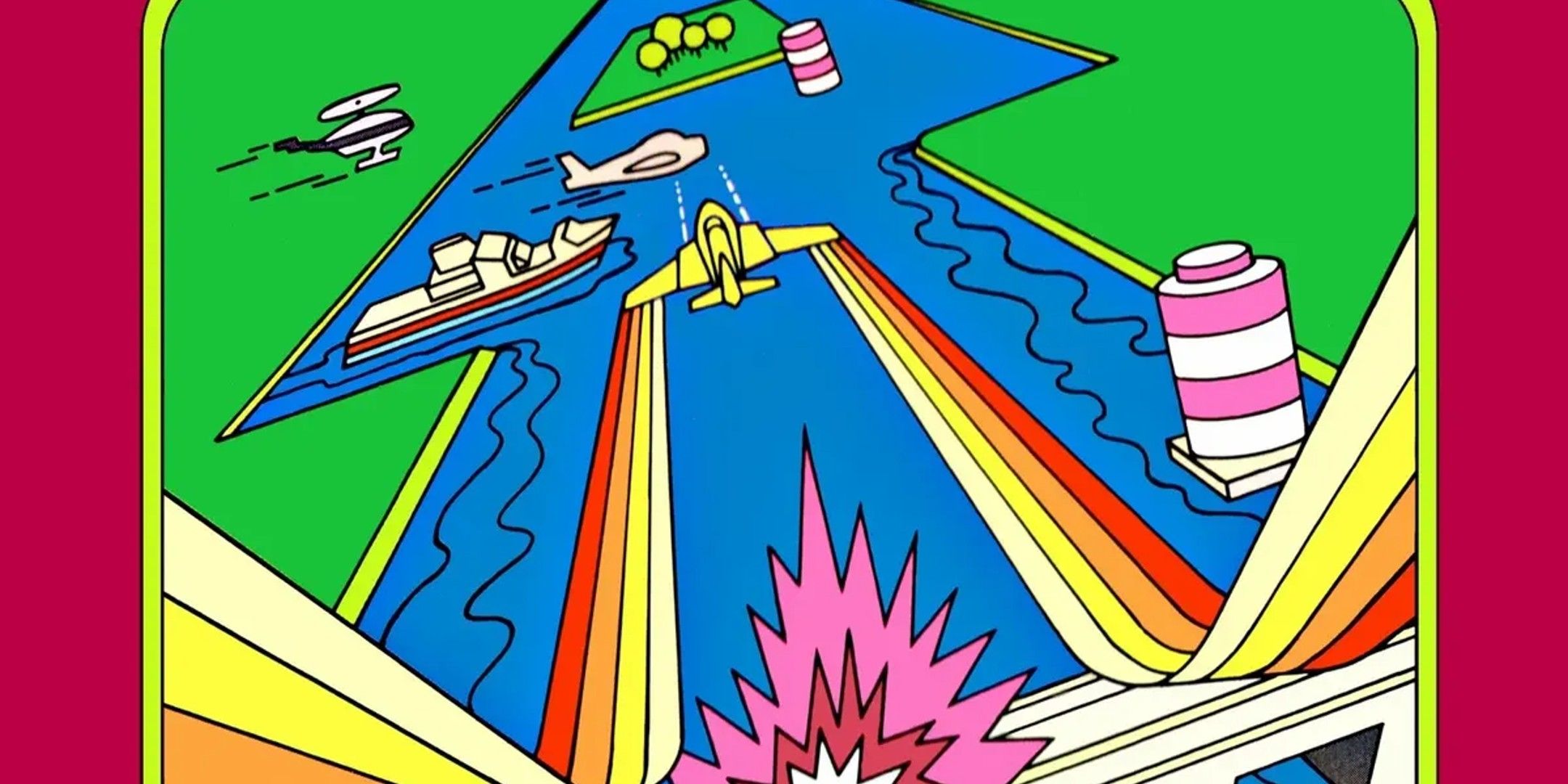Military plane going down a river to fight enemy vehicles in River Raid. 