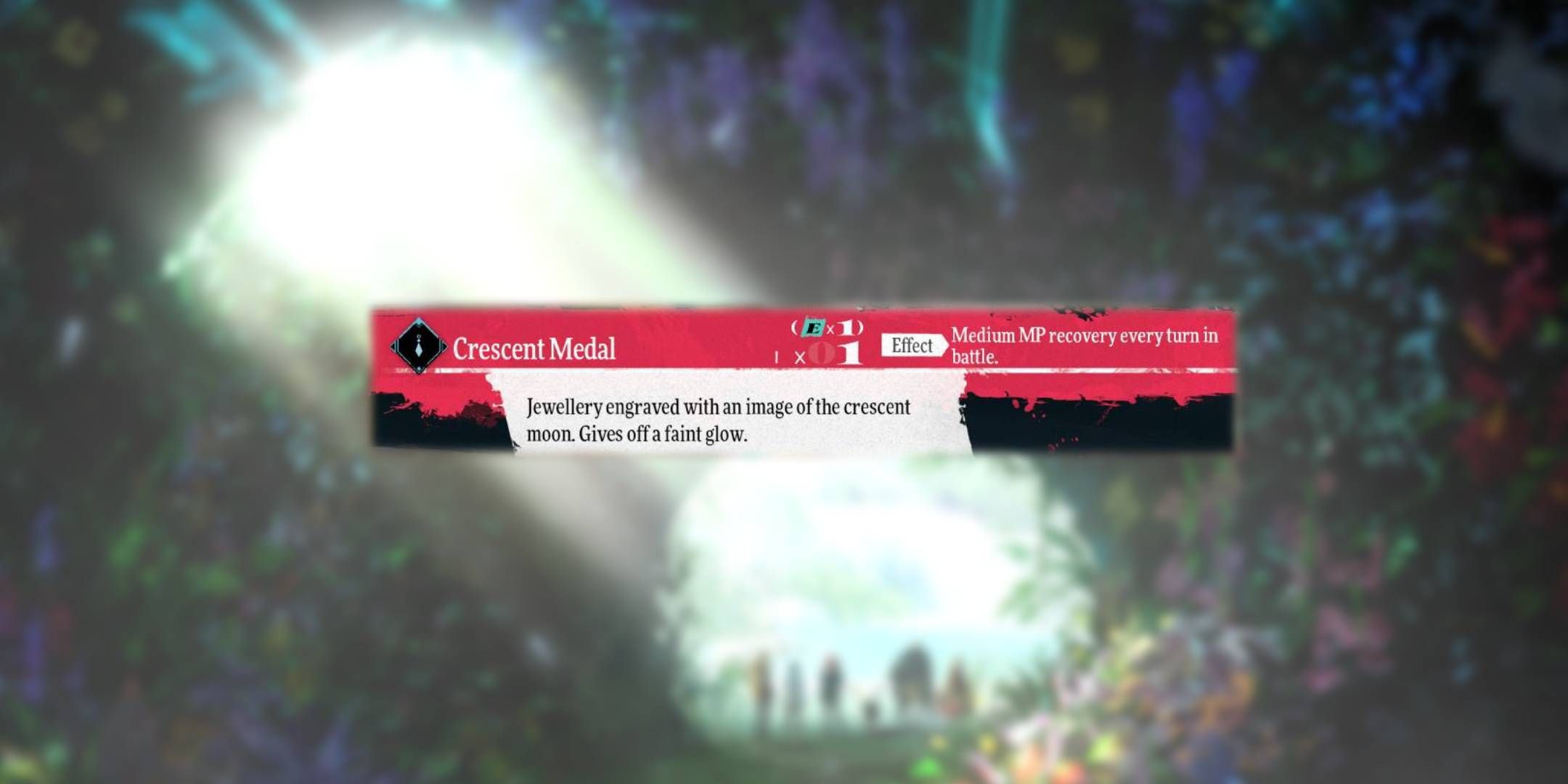 Blurred artwork of Neuras' postcards from Metaphor_ ReFantazio with unblurred description of Crescent Medal.