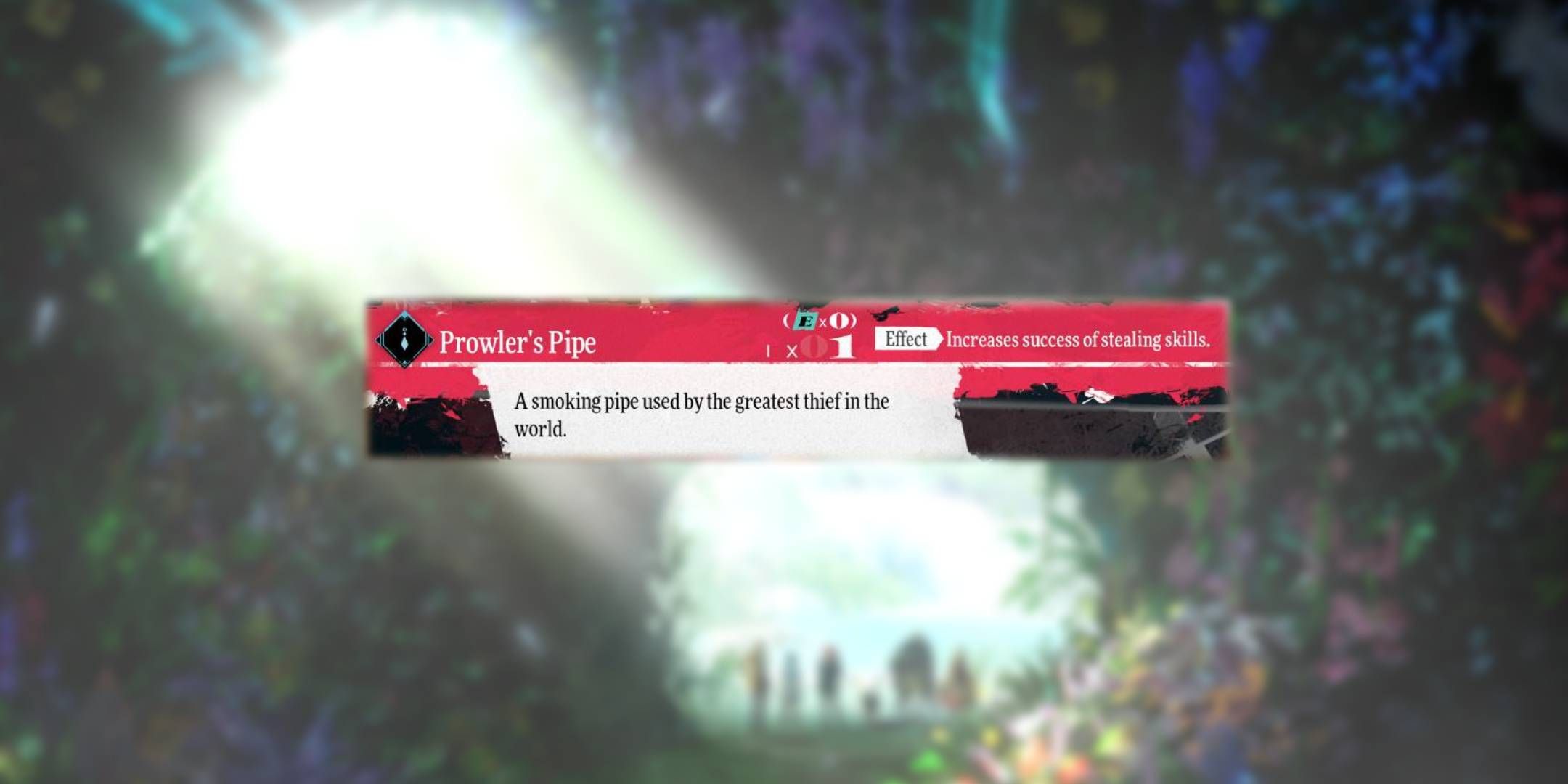 Blurred artwork of Neuras' postcards from Metaphor_ ReFantazio with unblurred description of Prowler's Pipe.
