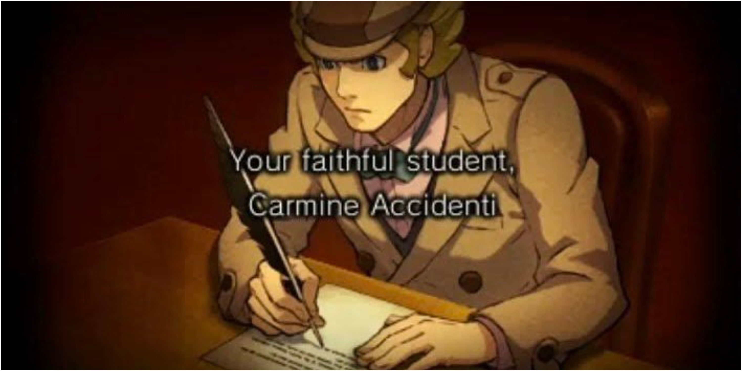 Carmine Accidenti writing a letter in Professor Layton vs Phoenix Wright Ace Attorney.