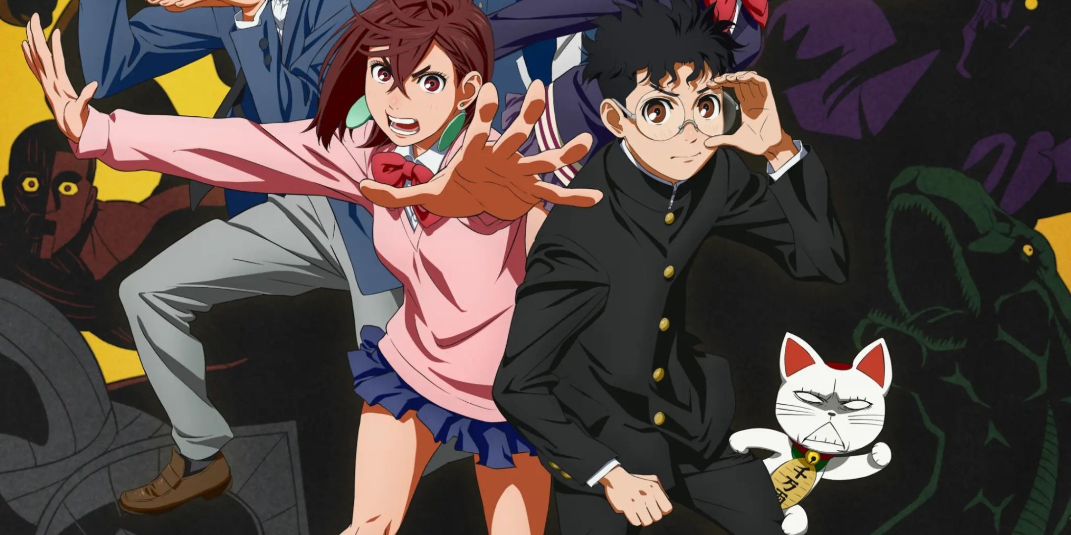 The main characters of Dandadan arranged as if they are about to fight.