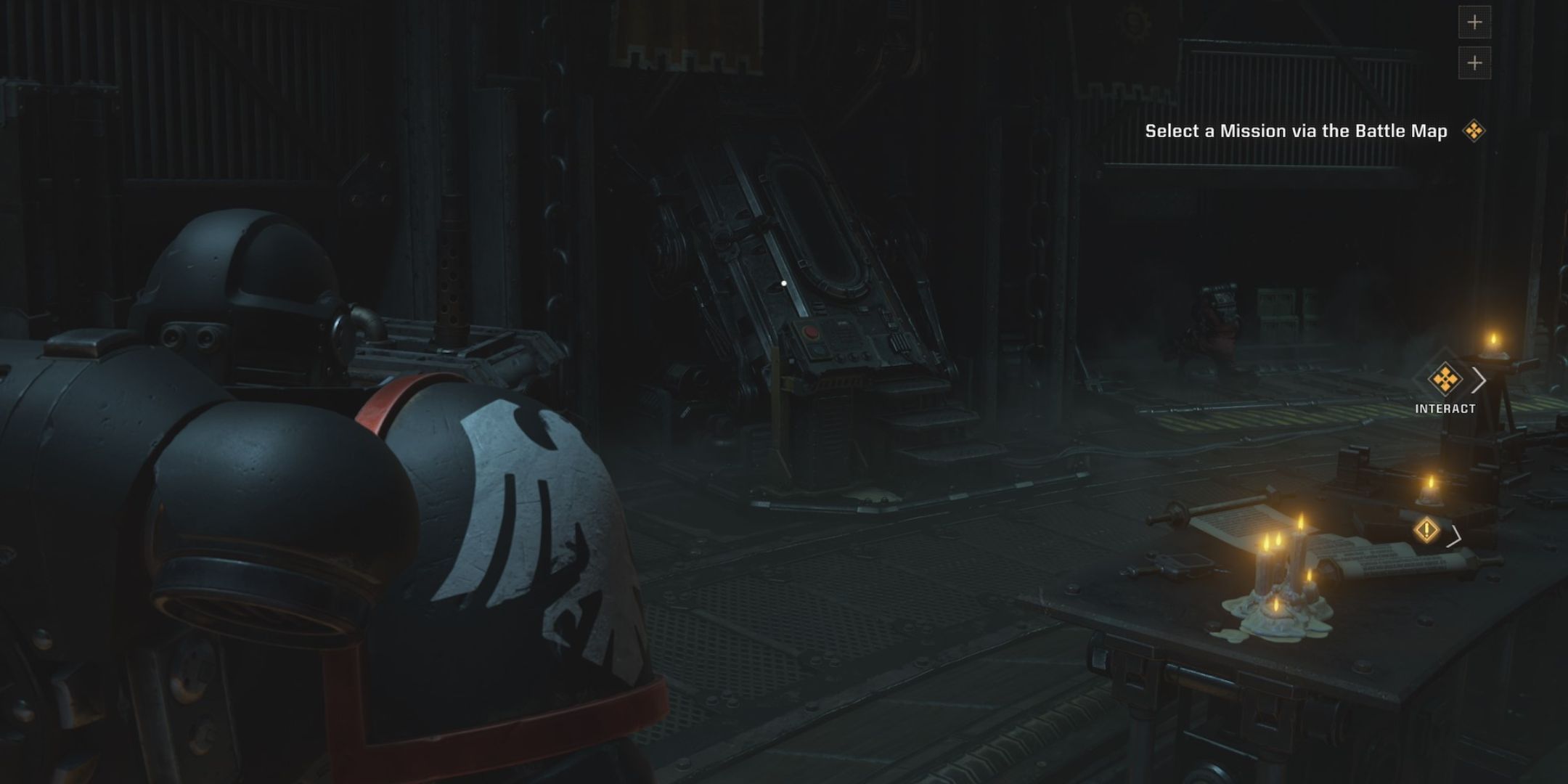 A space marine looks towards a life-pod like device built into the wall of the ship.