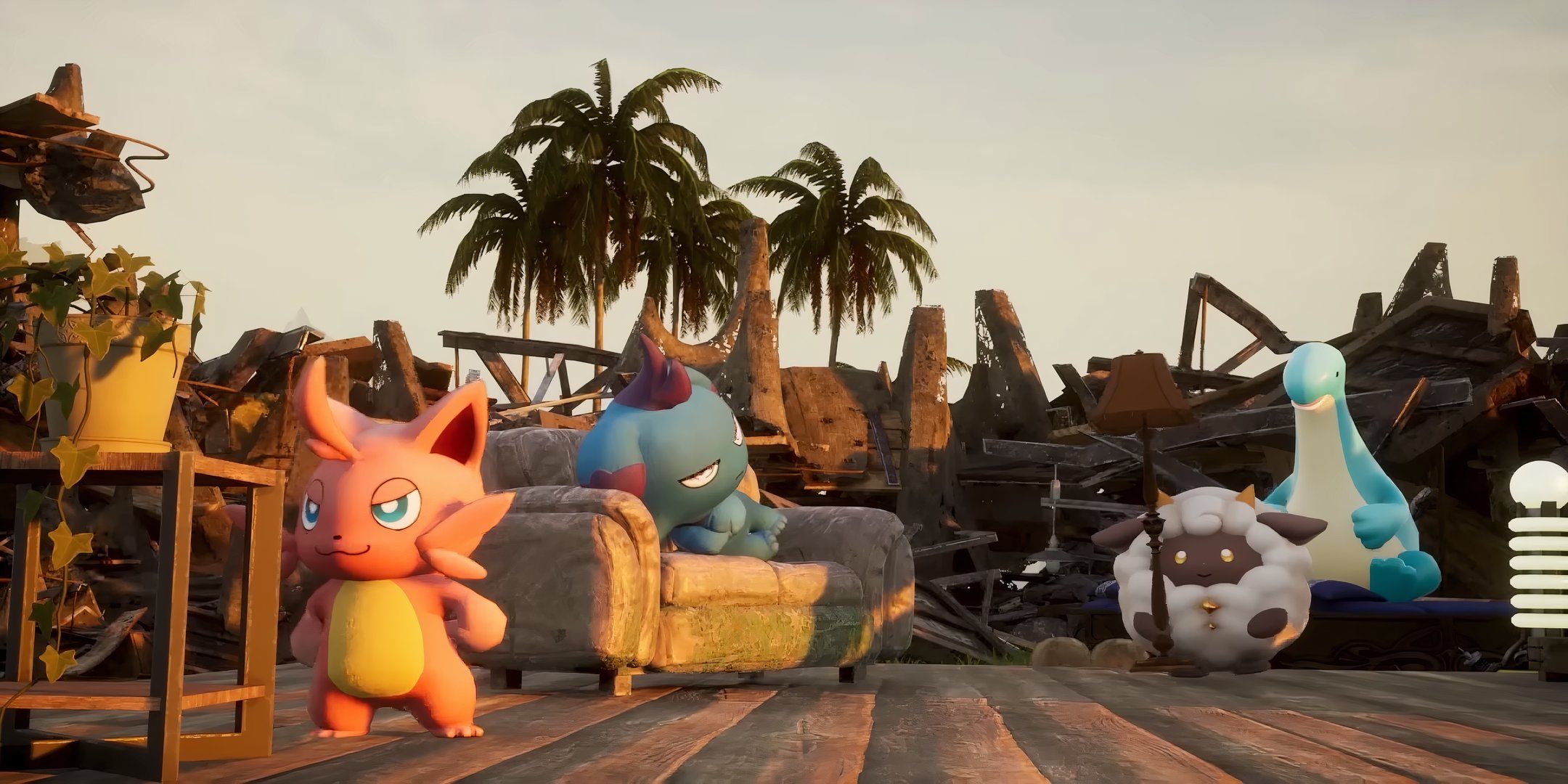 four palworld pals hanging out in a destroyed living area