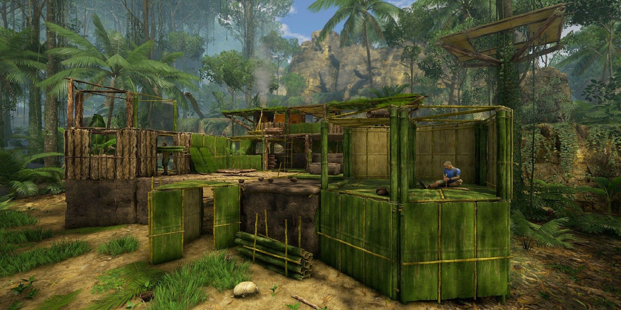 Green Hell image showing characters making a house.