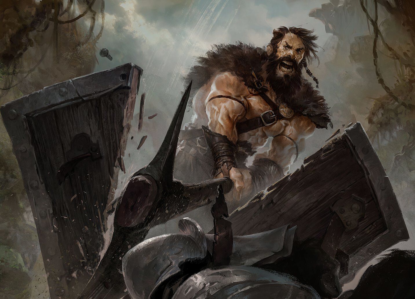 Image of Indomitable Might card art by Svetlin Velinov, featuring a barbarian slicing through a shield.