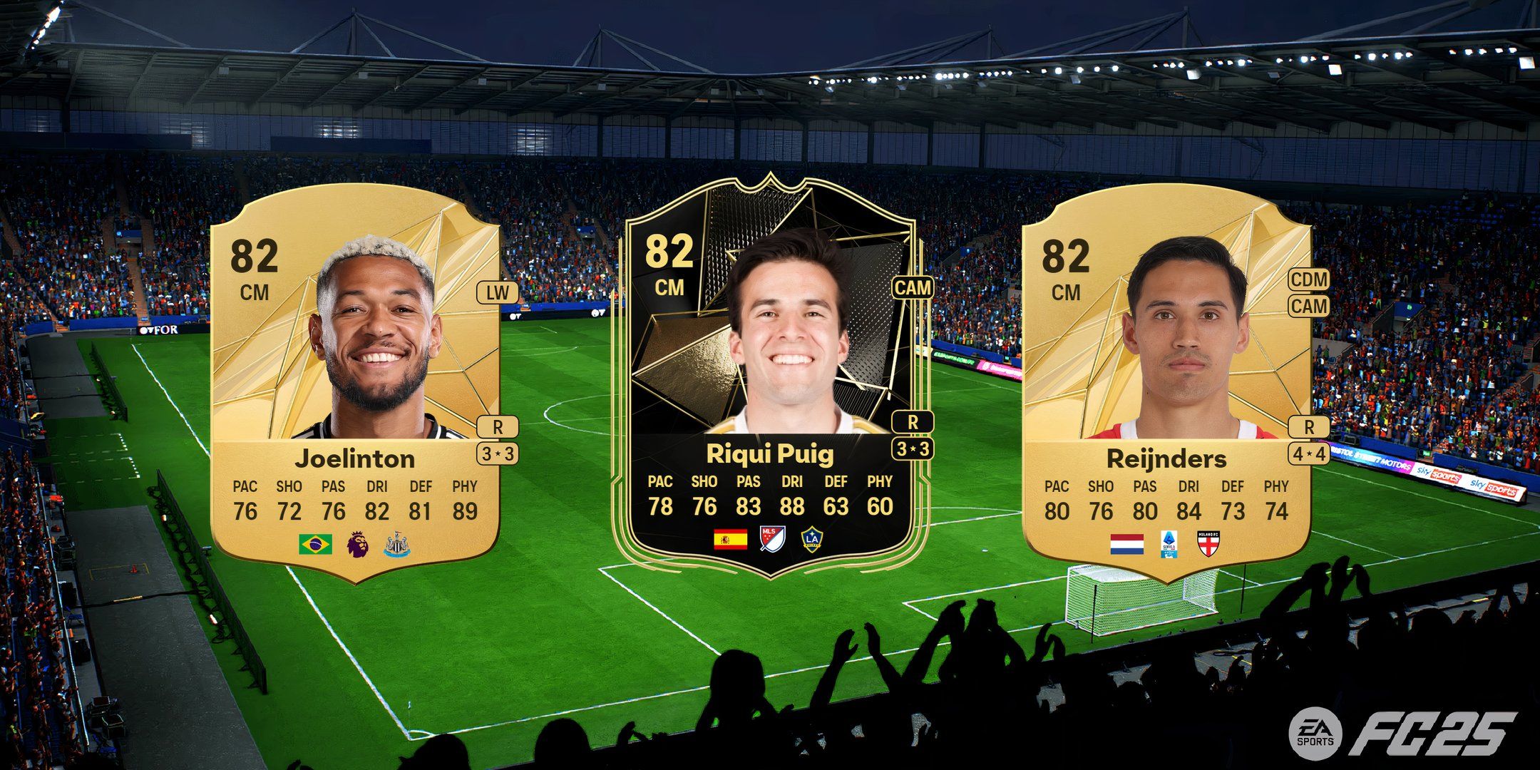 Joelinton's, Riqui Puig's, and Reinjnders' cards in EA Sports FC 25.