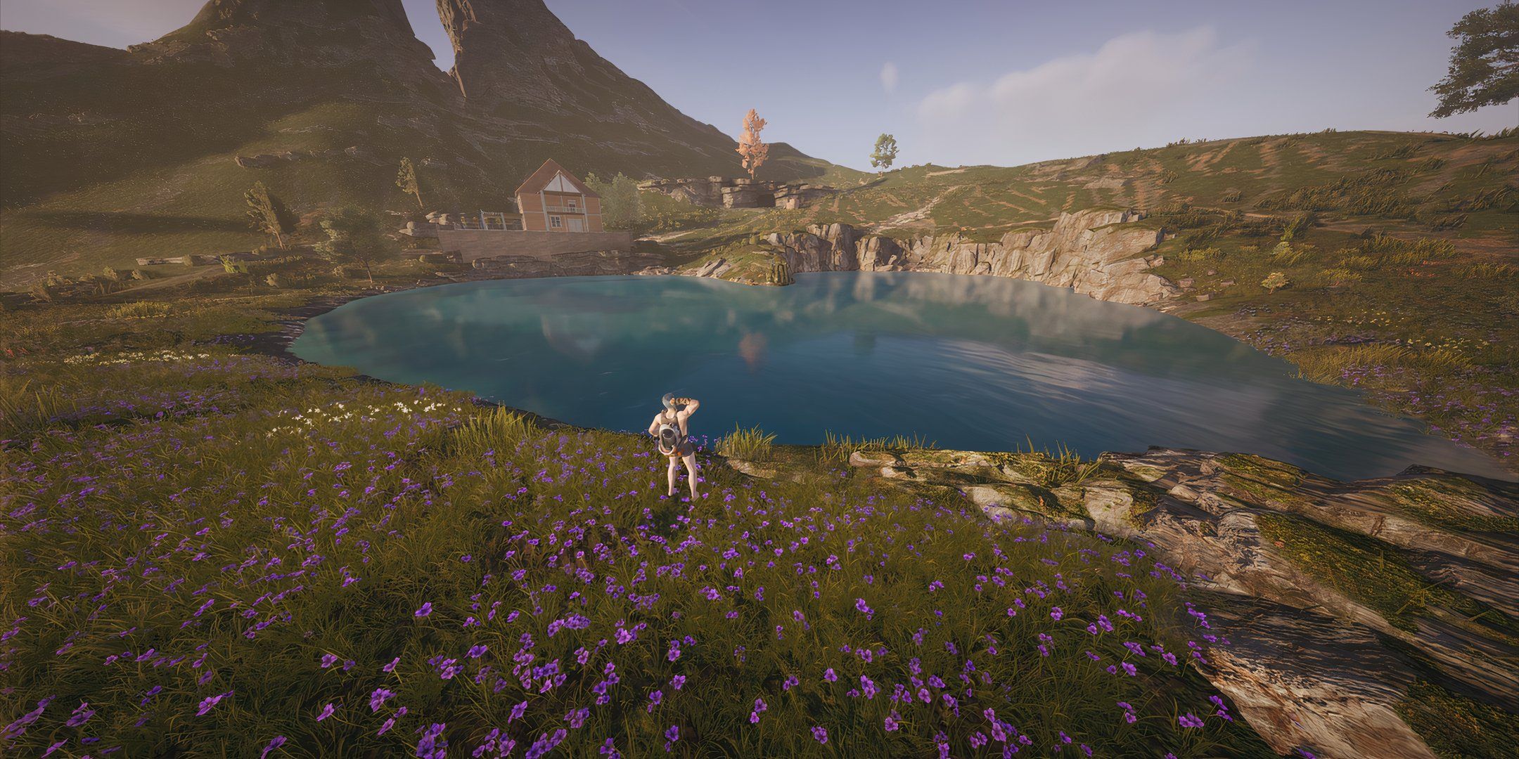 Player standing in front of a lake in Eternaland in Once Human.