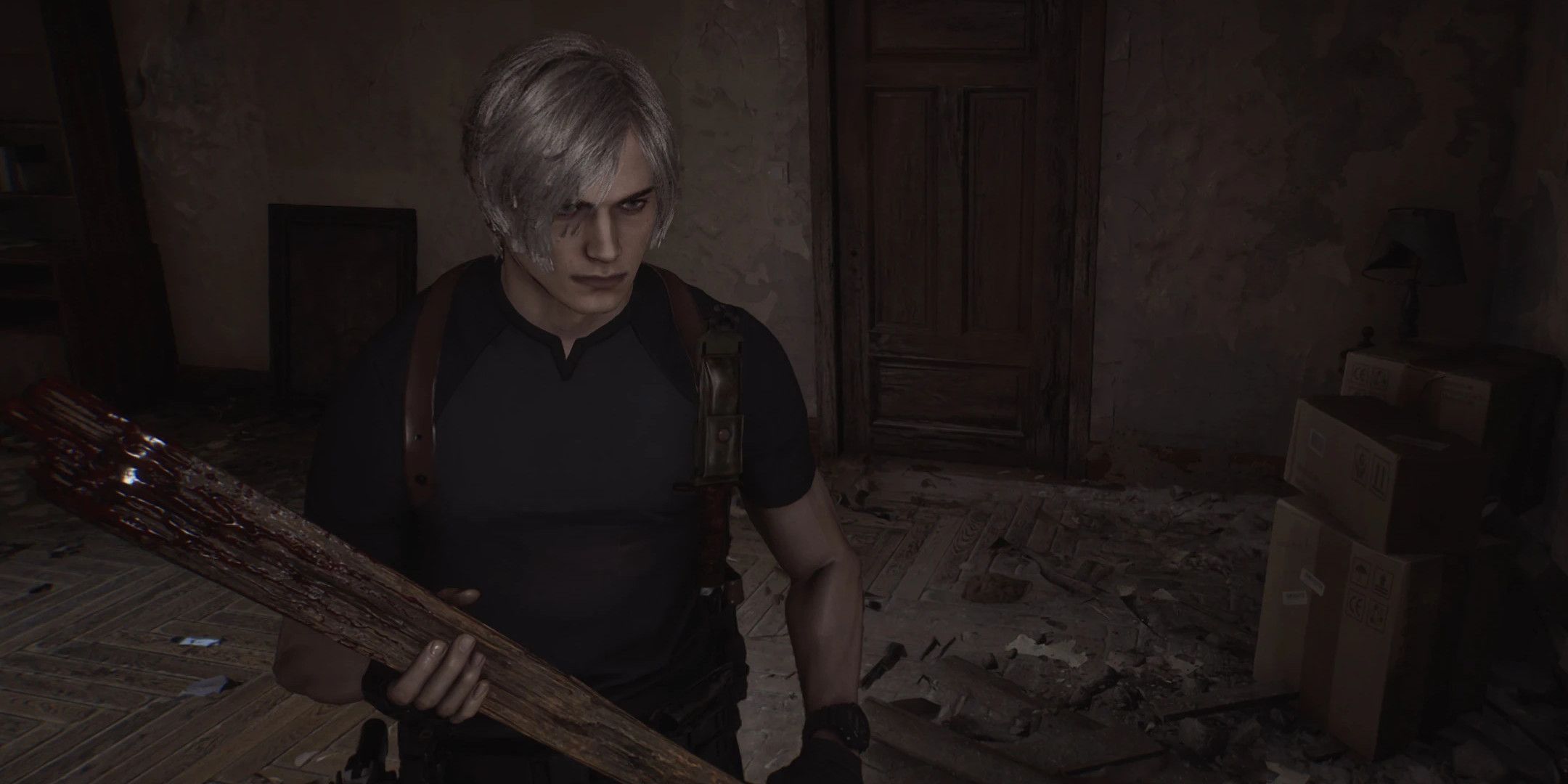 Leon kennedy holding a bloody plank in a dark room