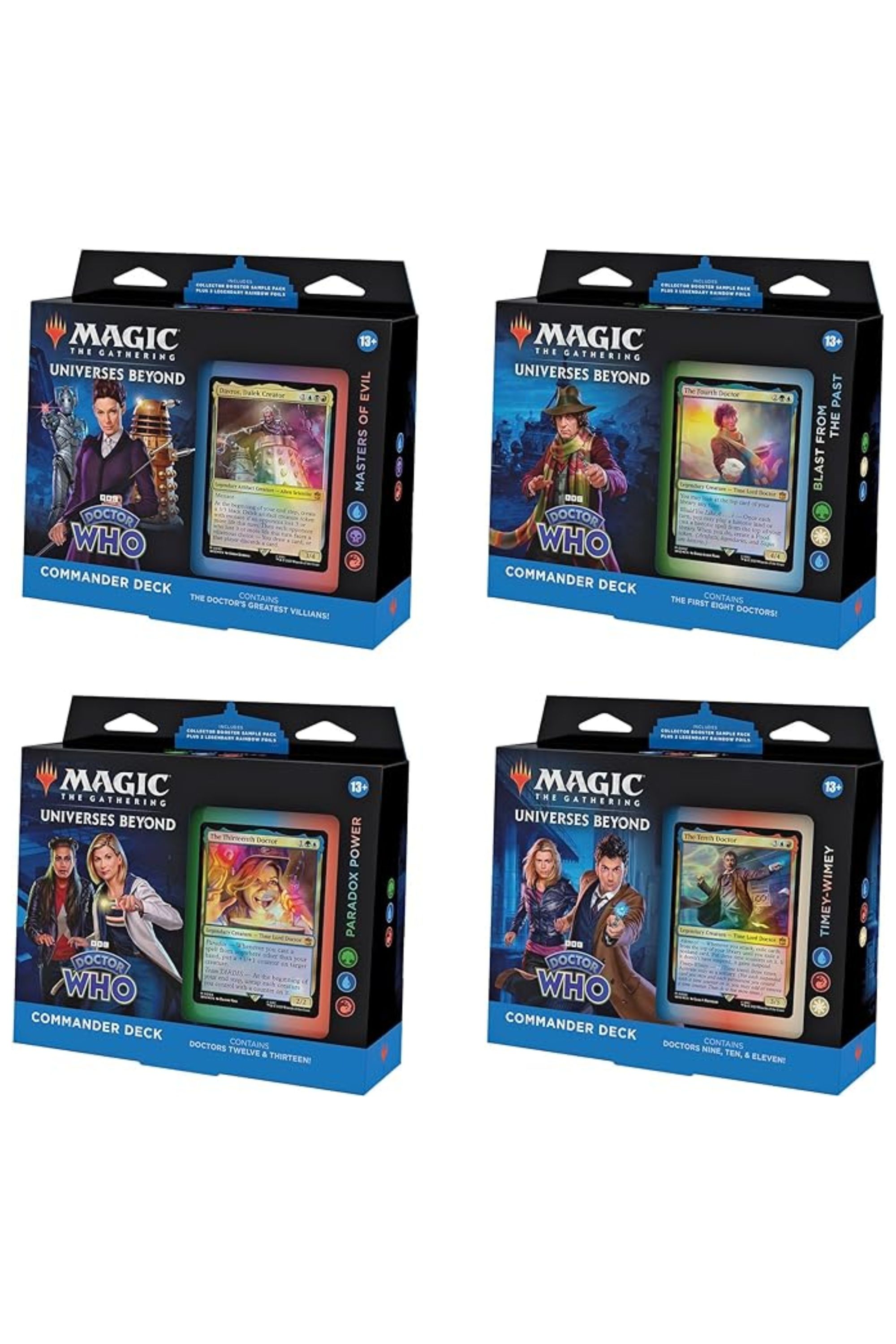 1 Masters of Evil, 1 Blast from The Past, 1 Timey-Wimey, and 1 Paradox Power Deck Set from the Doctor Who Commander Bundle.
