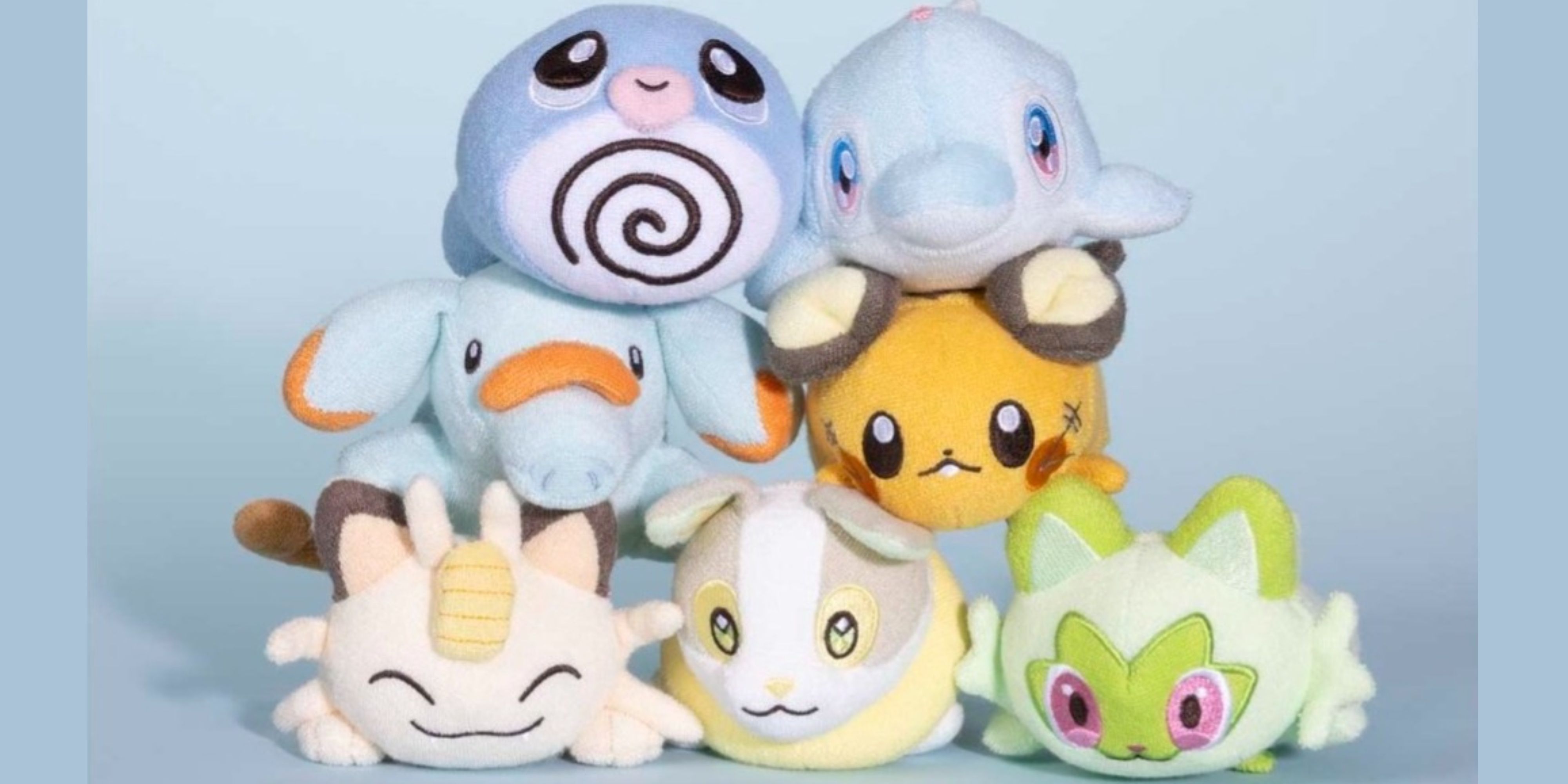 poliwag, palafin, phanphy, dedenne, meowth, yamper, and sprigatito comfy cuddlers plushers.