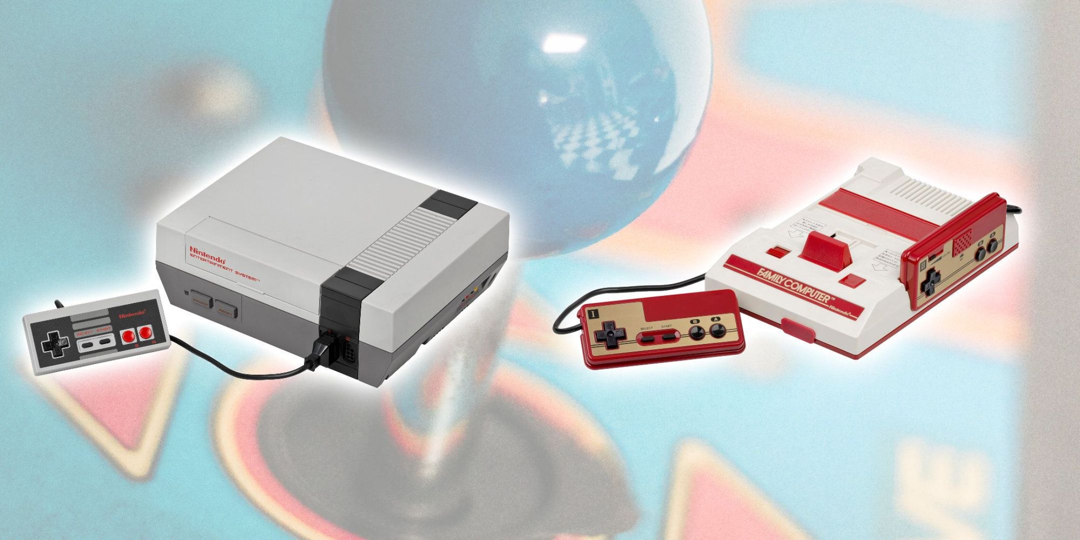 the NES and Famicom consoles against a stylized joystick background.