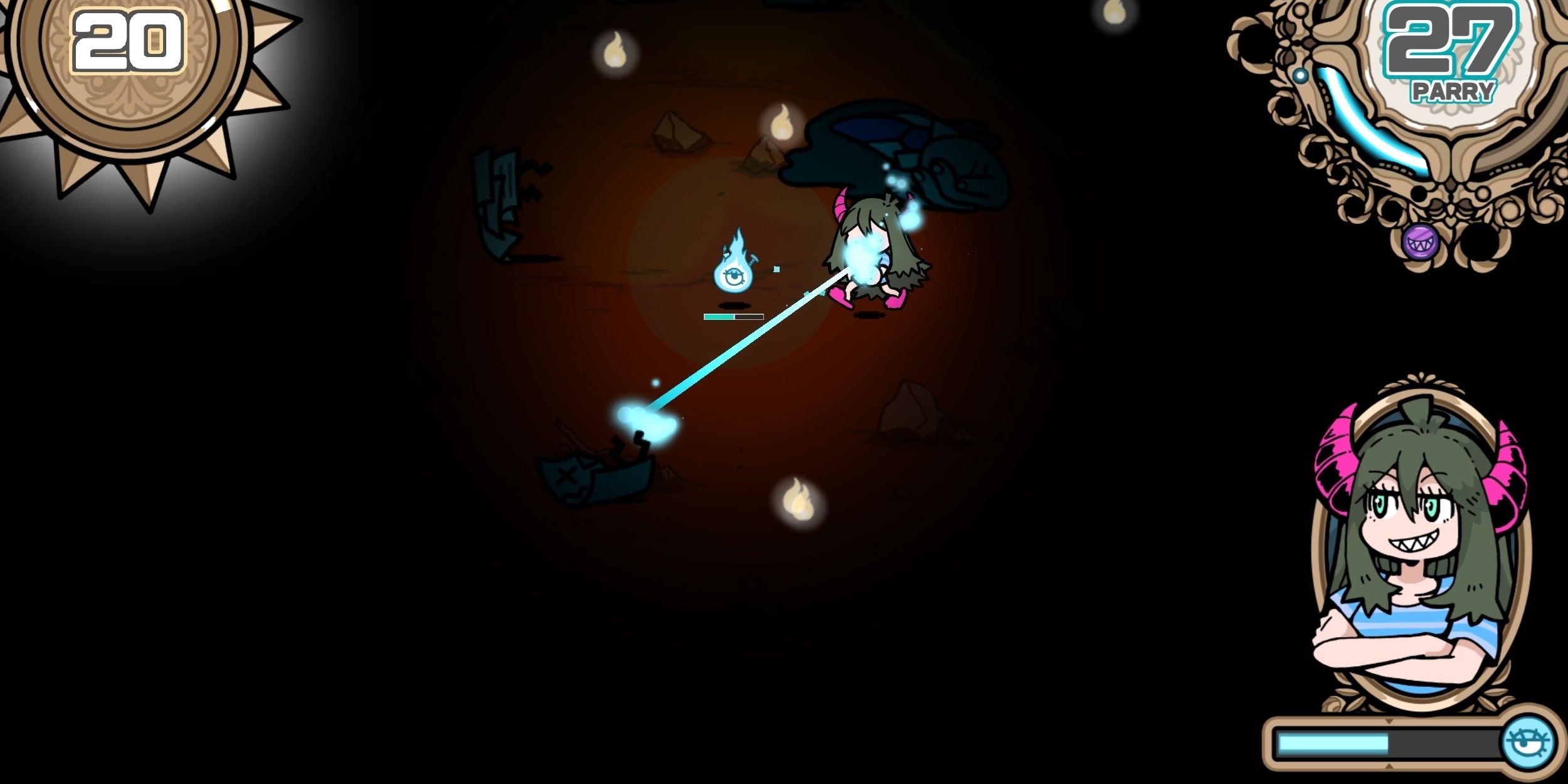 A dark room with a flame with an eyeball in the middle, a horned woman is blasting a stunned enemy at the edges of the darkness in Parry Nightmare.