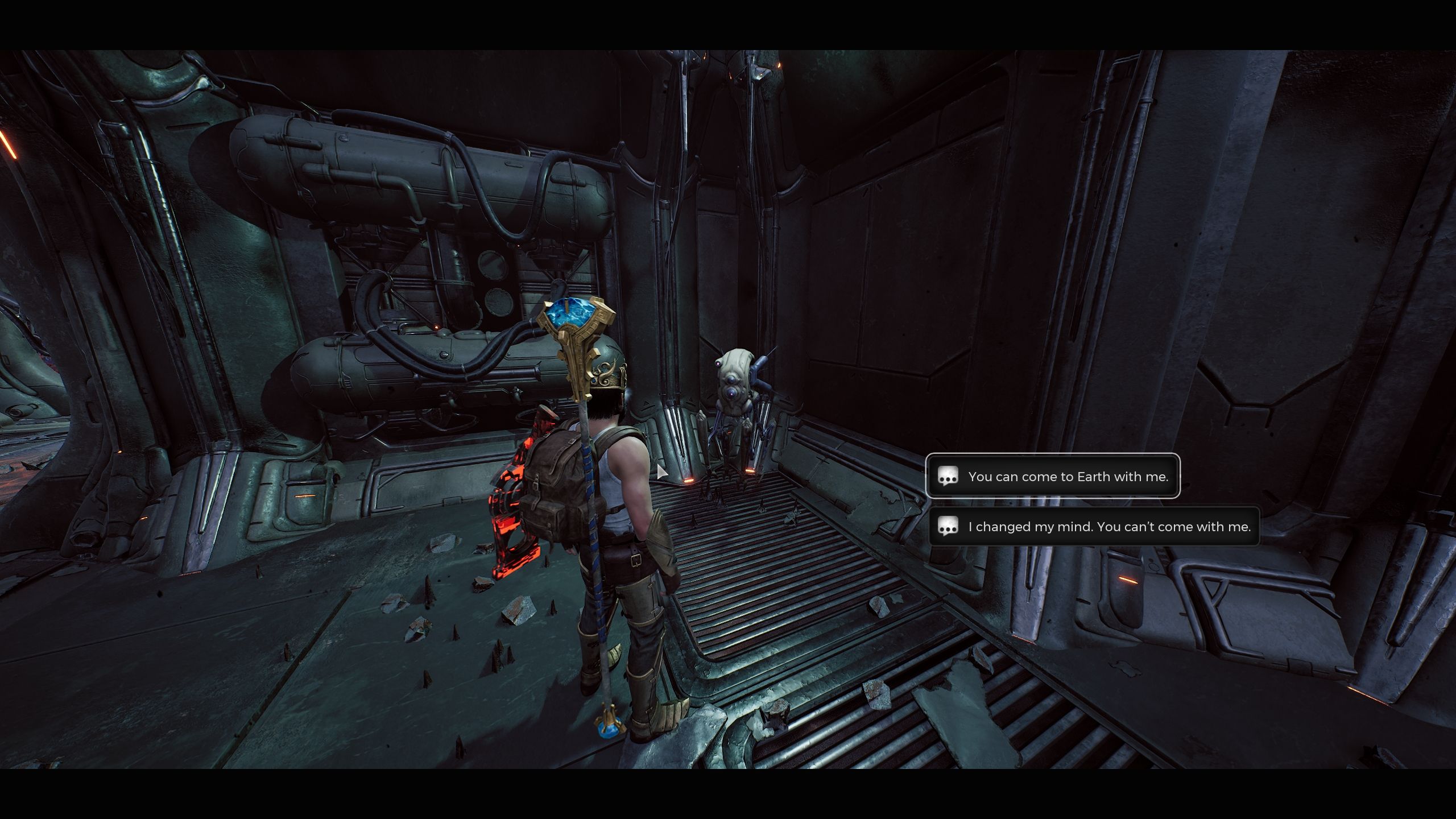 Player speaking to Spark and asking him to come to earth with him - Remnant 2