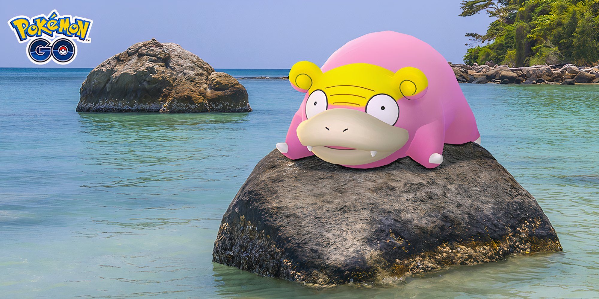 Galarian Slowpoke on a rock with water and other rocks behind.
