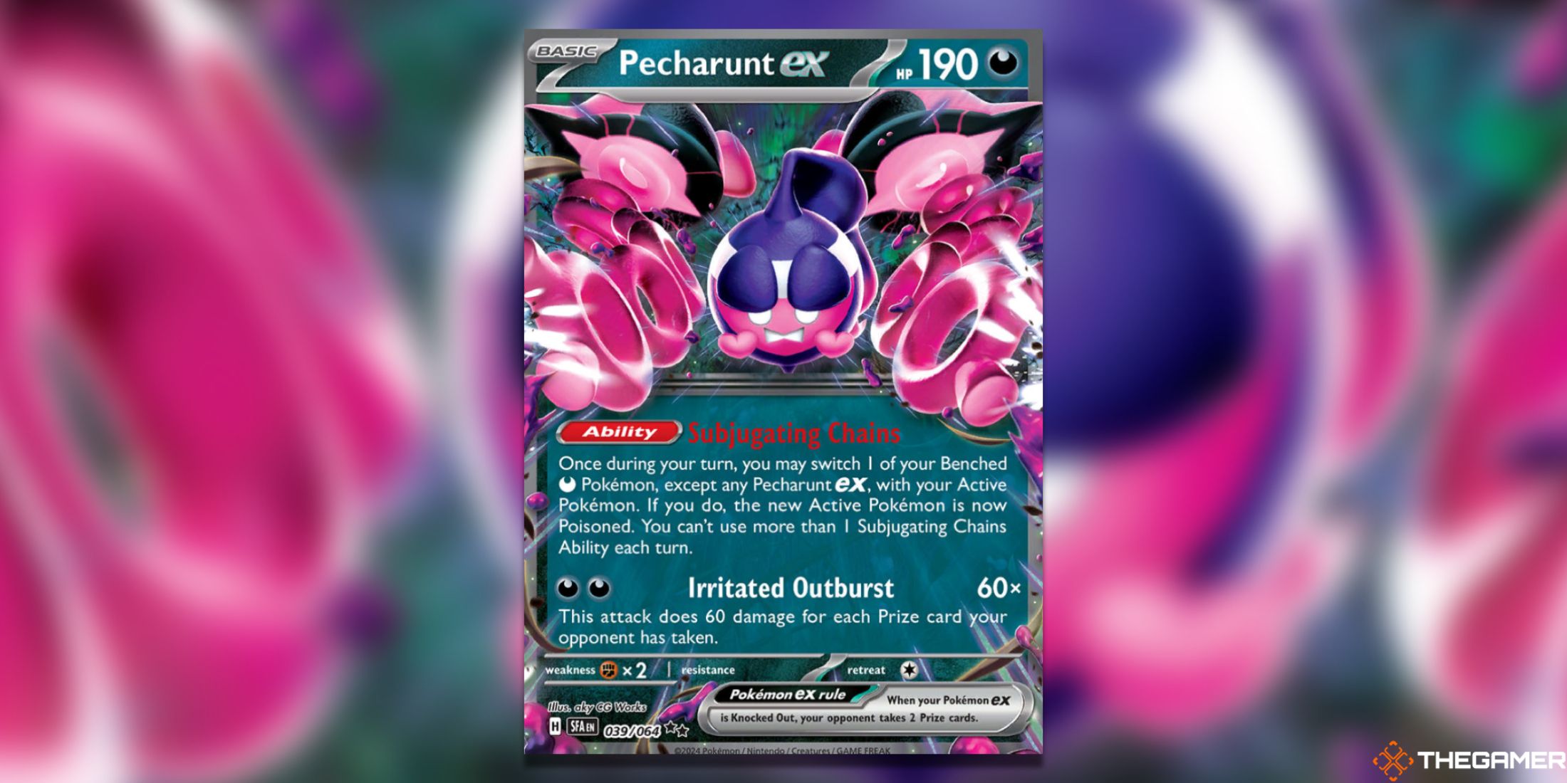 The Pecharunt Shrouded Fable Double Rare from the Pokemon TCG.