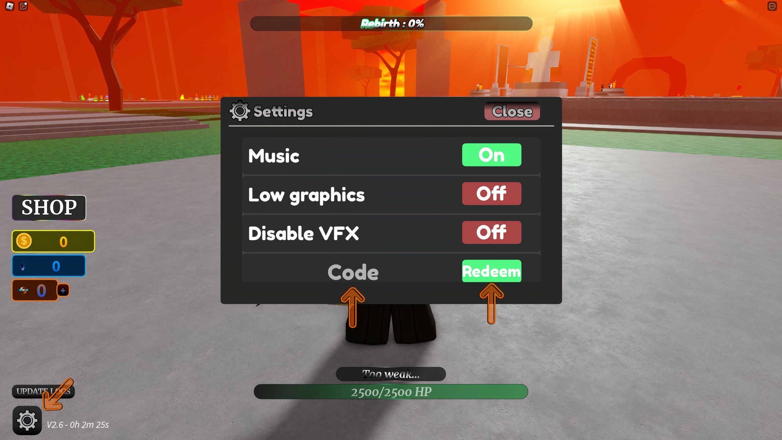 the settings menu in Souls Tycoon on Roblox