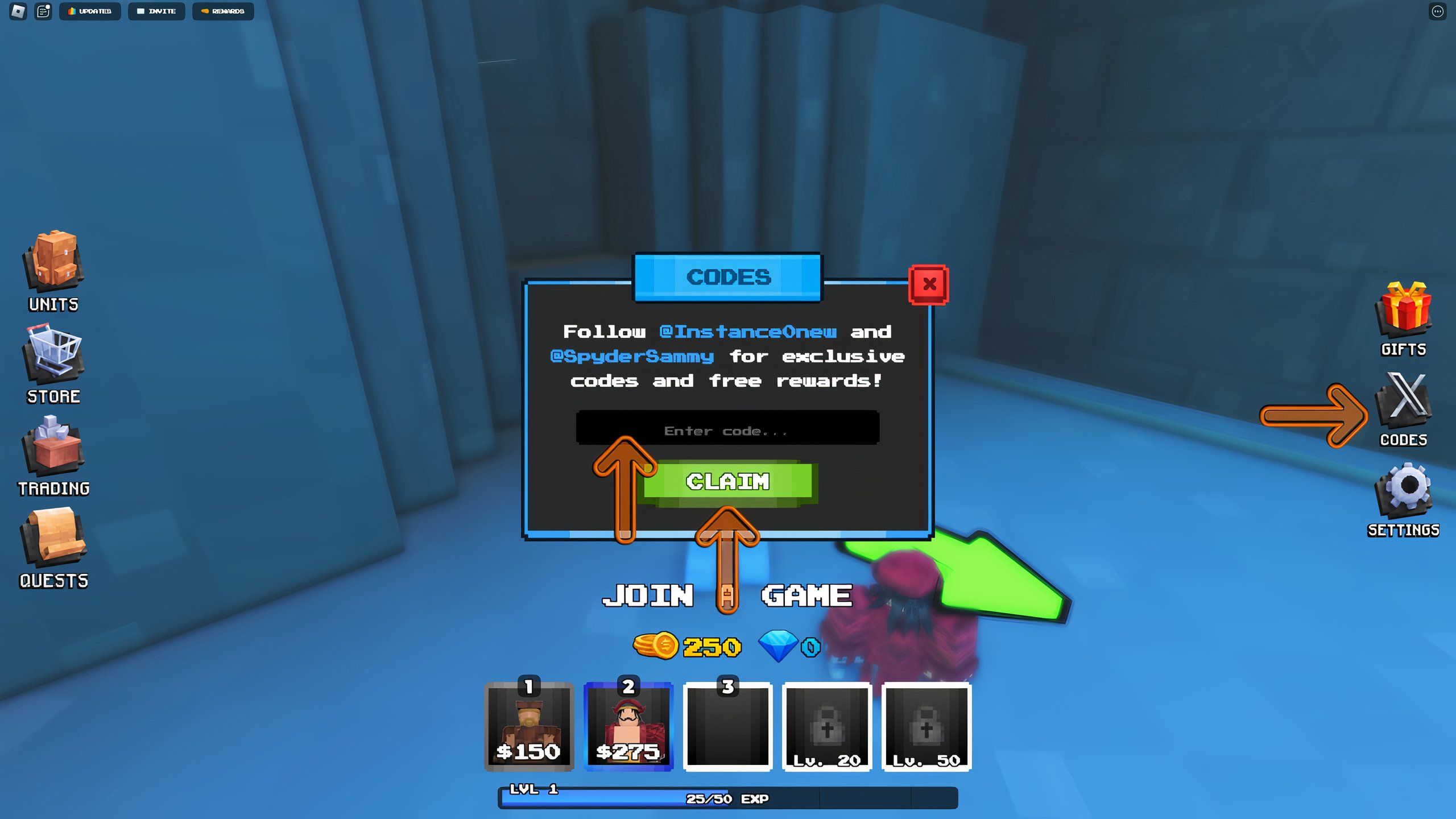the codes box in Pixel Tower Defense on Roblox