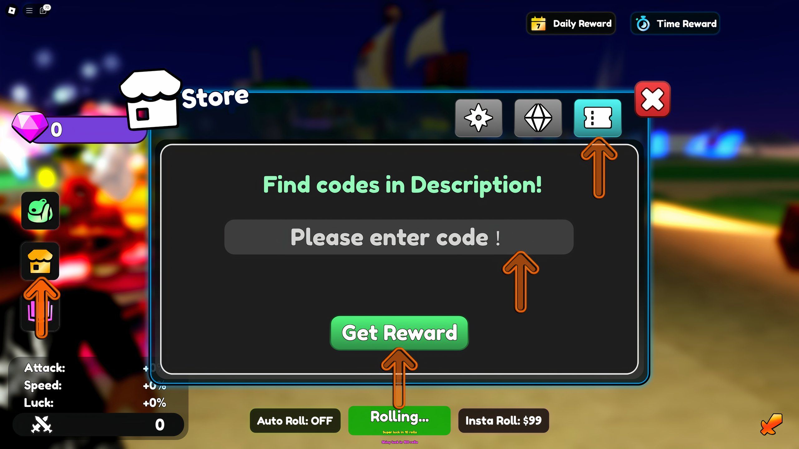 the codes box in RNG Hero Squad on Roblox