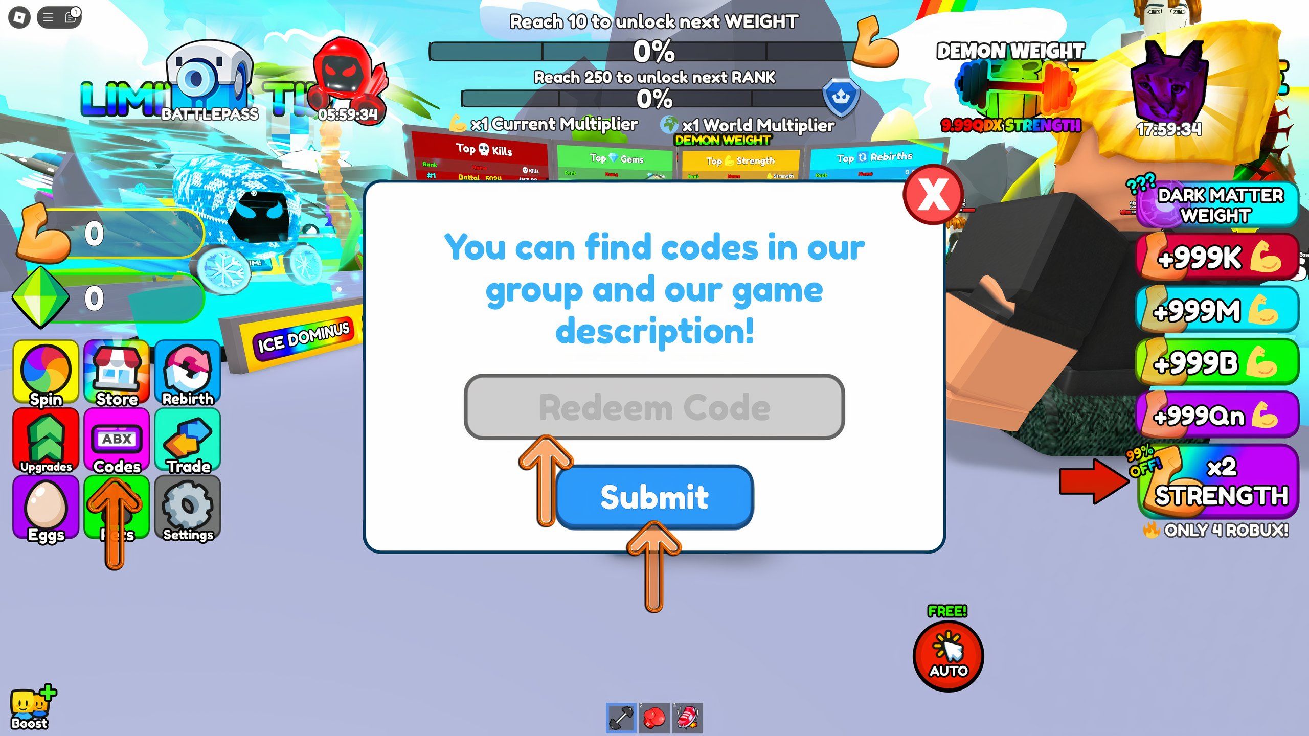 the codes box in Strongest Lifter Simulator on Roblox