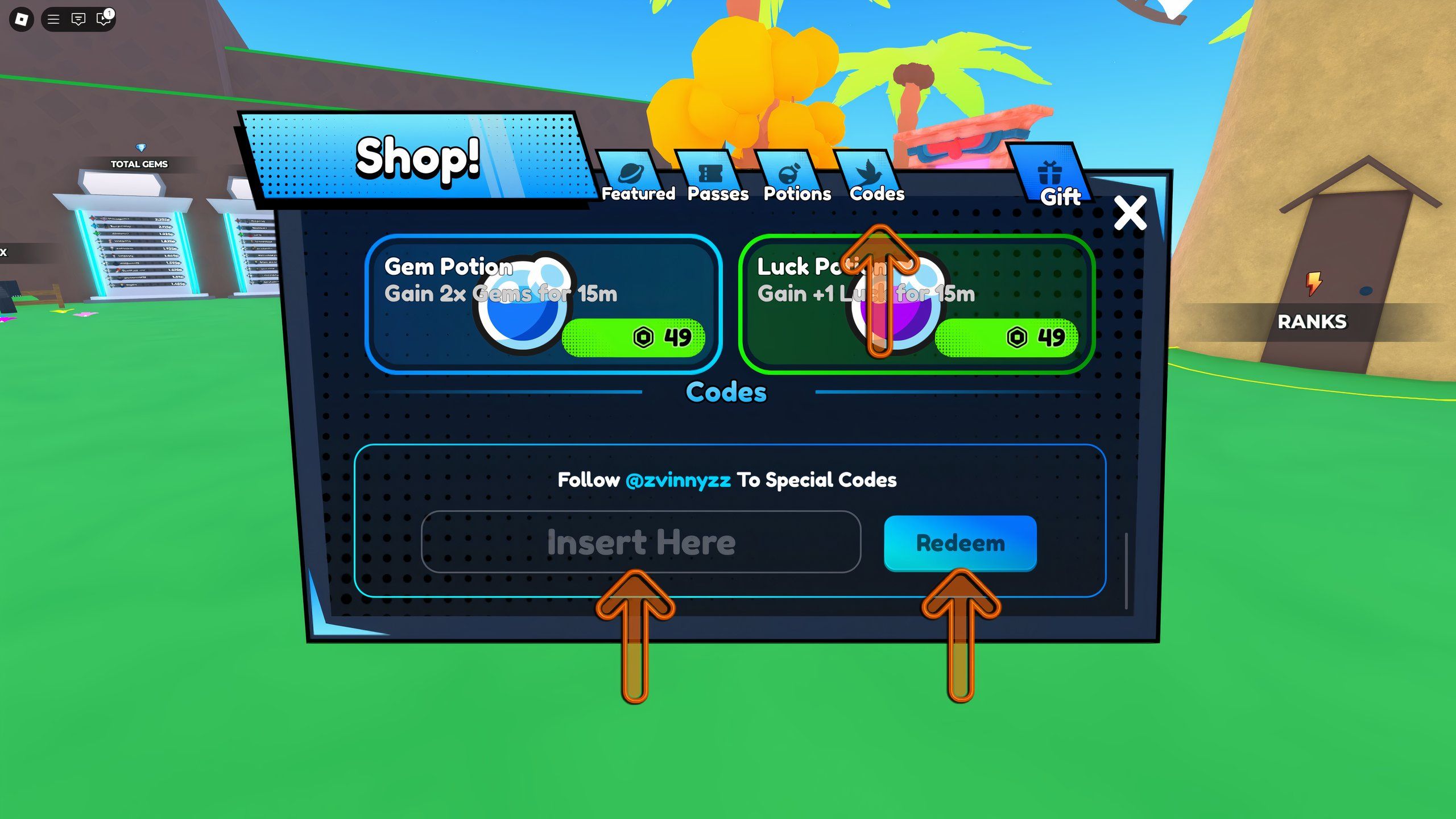 the codes box in Anime Revolution X on Roblox