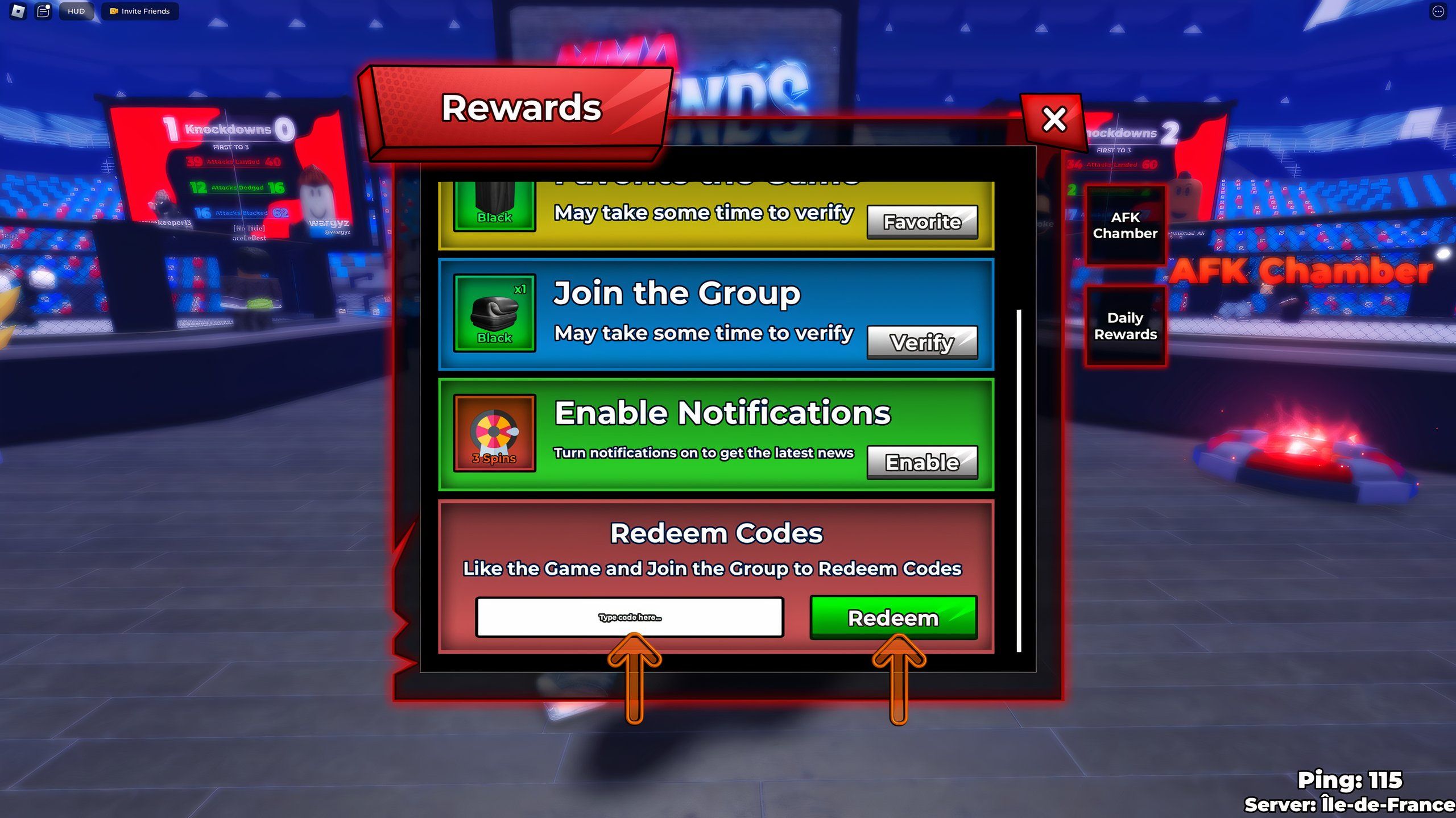 the codes box in MMA Legends on Roblox