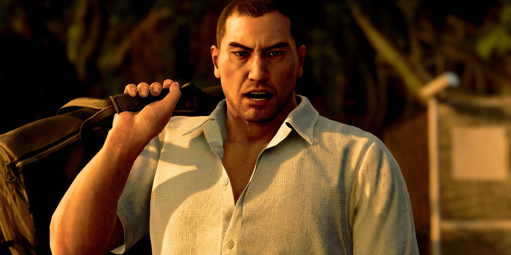 Saejima in a white shirt holding a briefcase over his shoulder