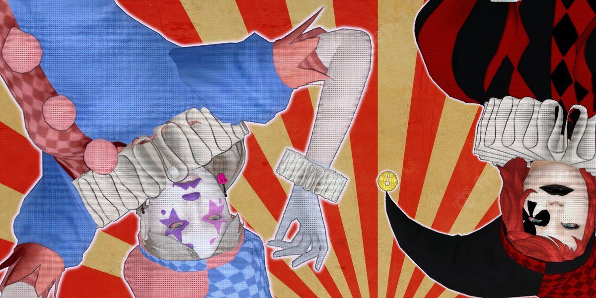 Two Sims wearing clown-themed costumes in The Sims 4.