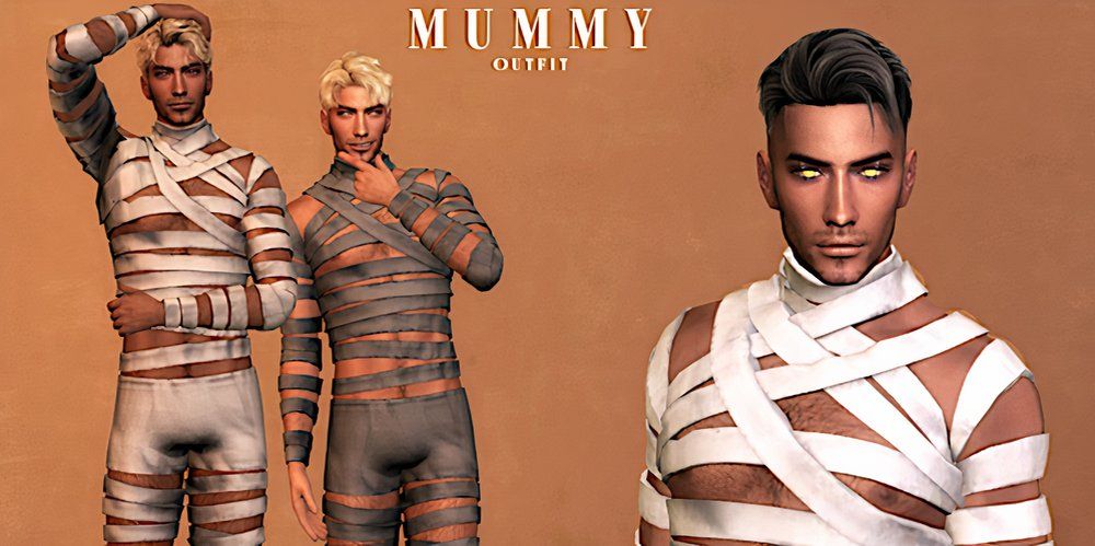 Three male Sims wearing mummy-themed costumes in The Sims 4.