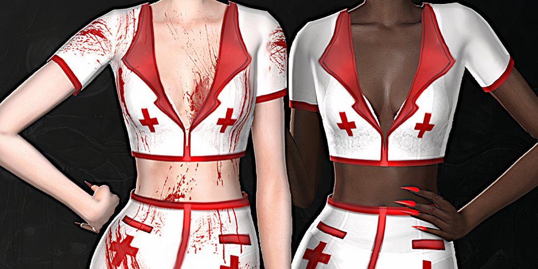 Two Sims with their heads cropped out in The Sims 4, wearing a custom sexy nurse costume.