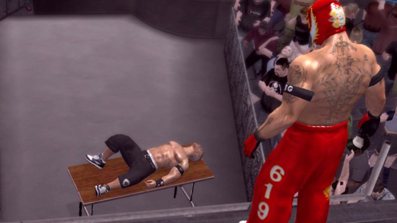 An image from SmackDown Vs Raw 2007 of Rey Mysterio and John Cena.