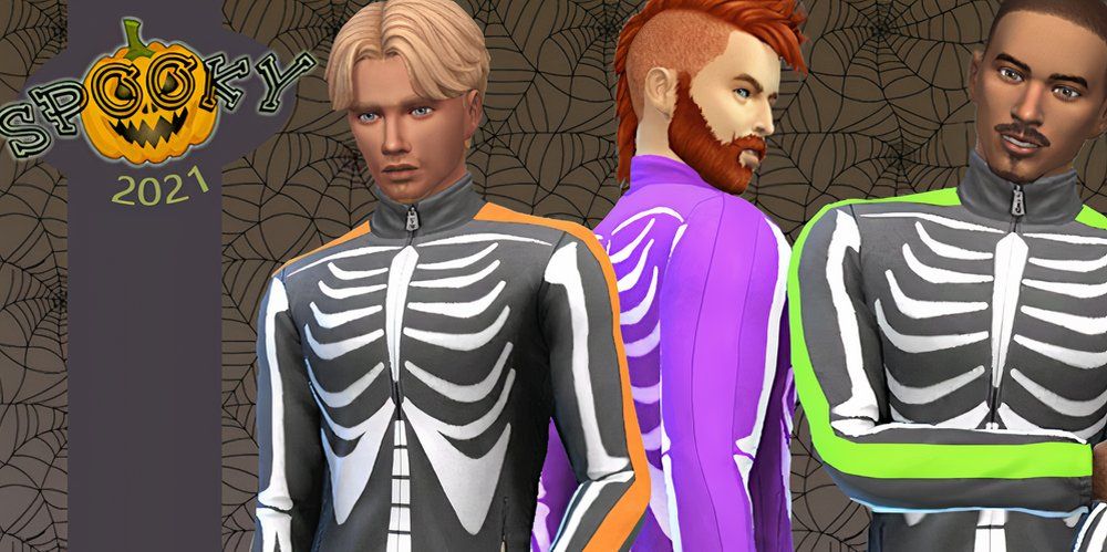 Three male Sims in skeleton-themed jumpsuits.