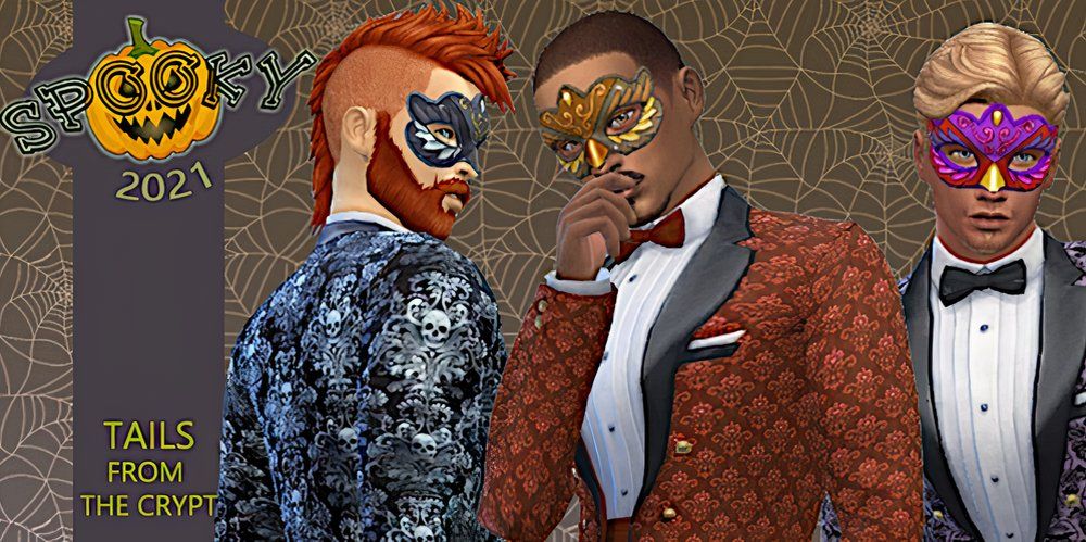 Three male Sims wearing fancy Halloween-themed masquerade outfits.