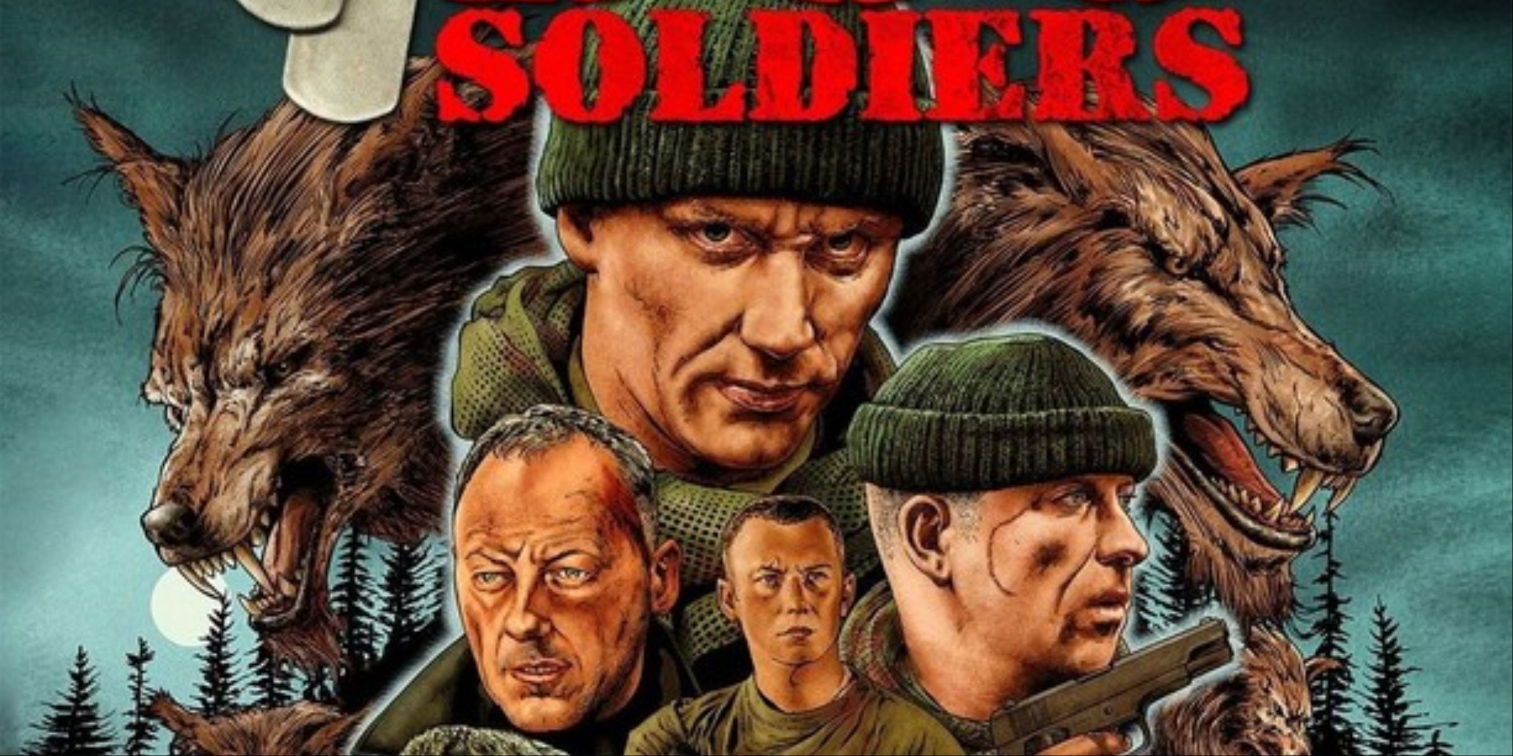 The Main Characters In Dog Soldiers On The Cover Art With Dog Tags And Two Werewolves On Each Side.
