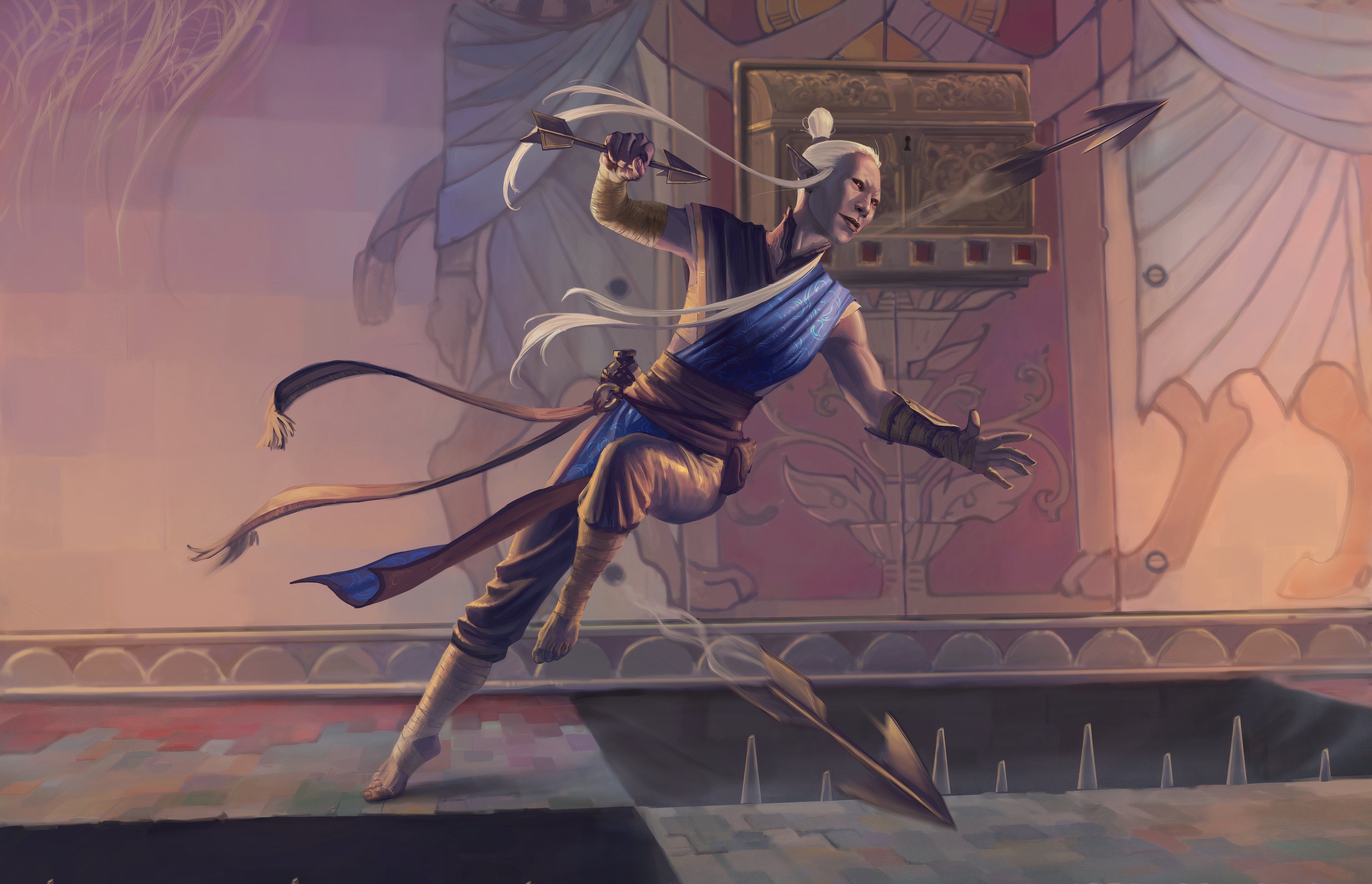 Tomb of Horrors Adventurer card art by Irina Nordsol, featuring a monk snagging an arrow while avoiding a trap.