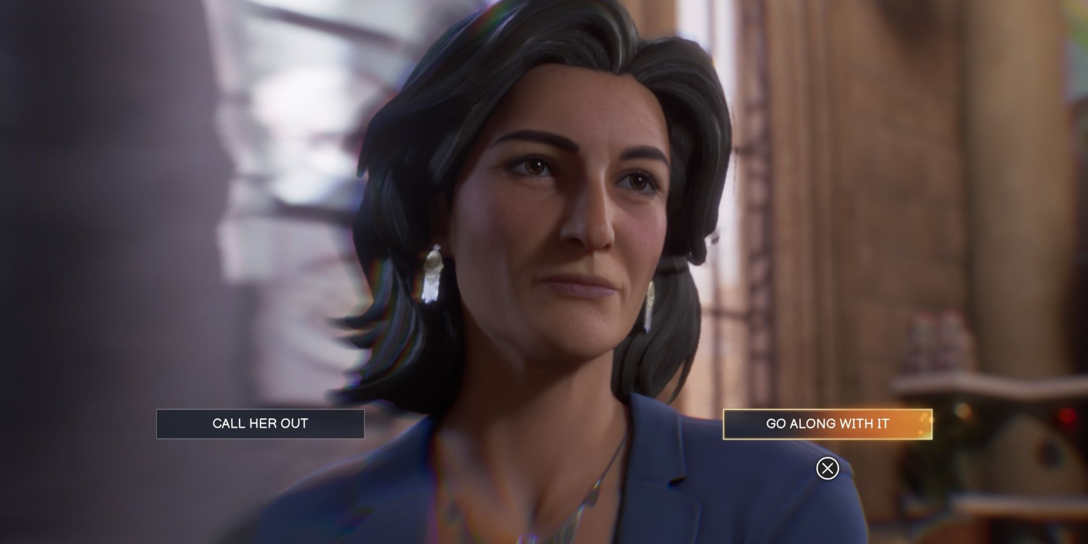 Image of Yasmin in Life is Strange Double Exposure with the choice to Call Her Out or Go Along With It at the bottom of the picture.
