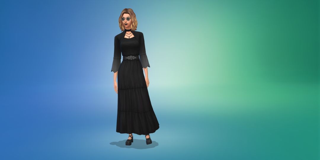 A woman models a black dress with a skull belt in the Sims 4.