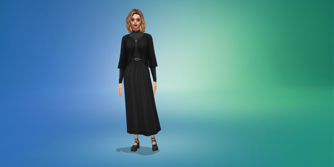 A woman models a black dress with a black sweater in the Sims 4.
