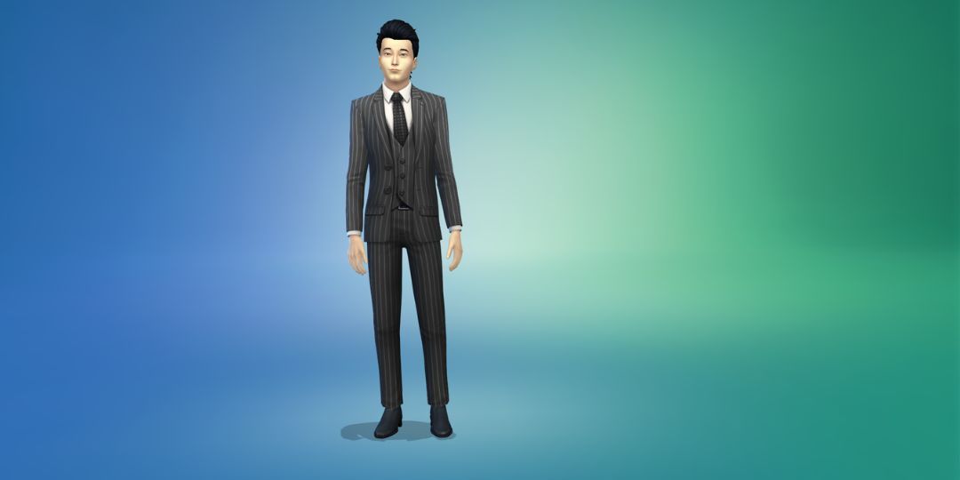 A man models a pinstripe suit in the Sims 4.