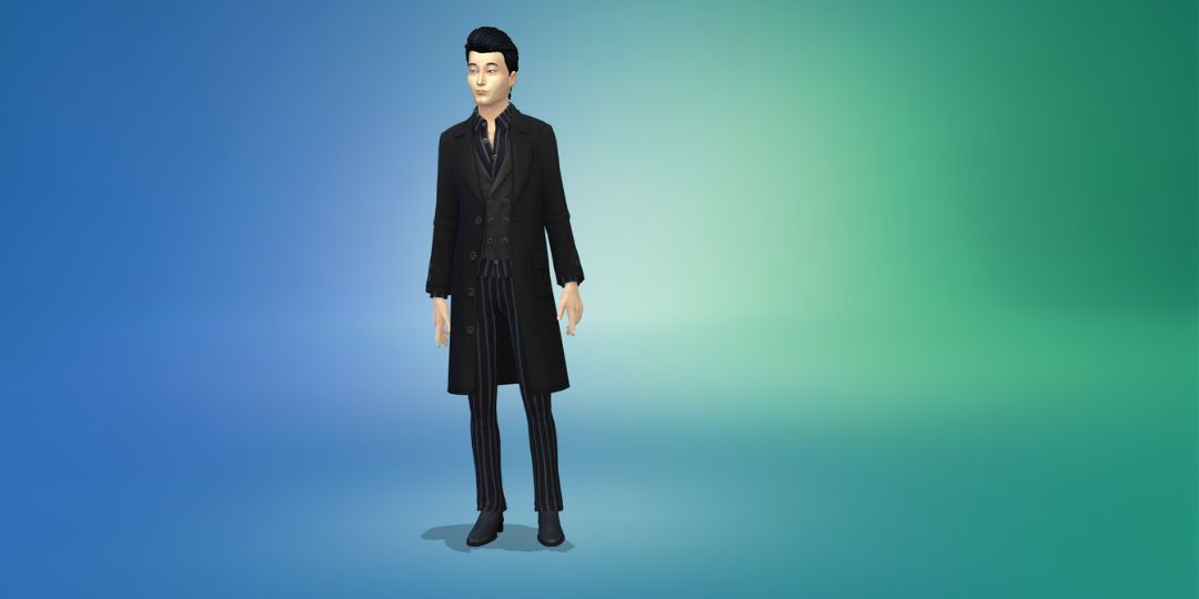 A man models a black suit with a waistcoat in the Sims 4.