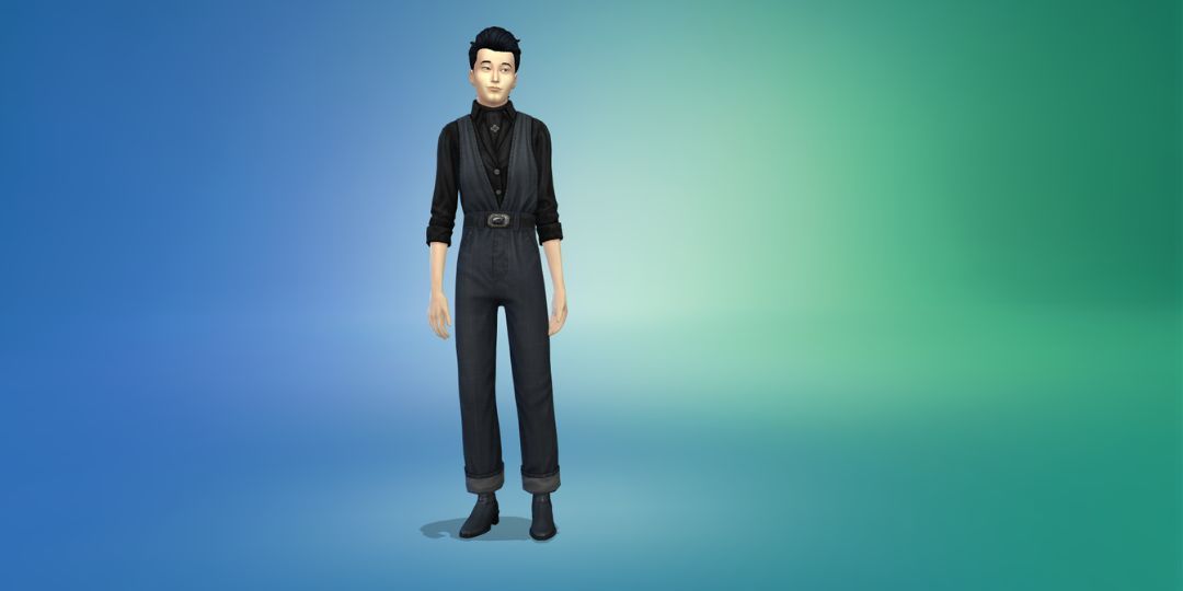 A man models a casual pair of black overalls in the Sims 4.