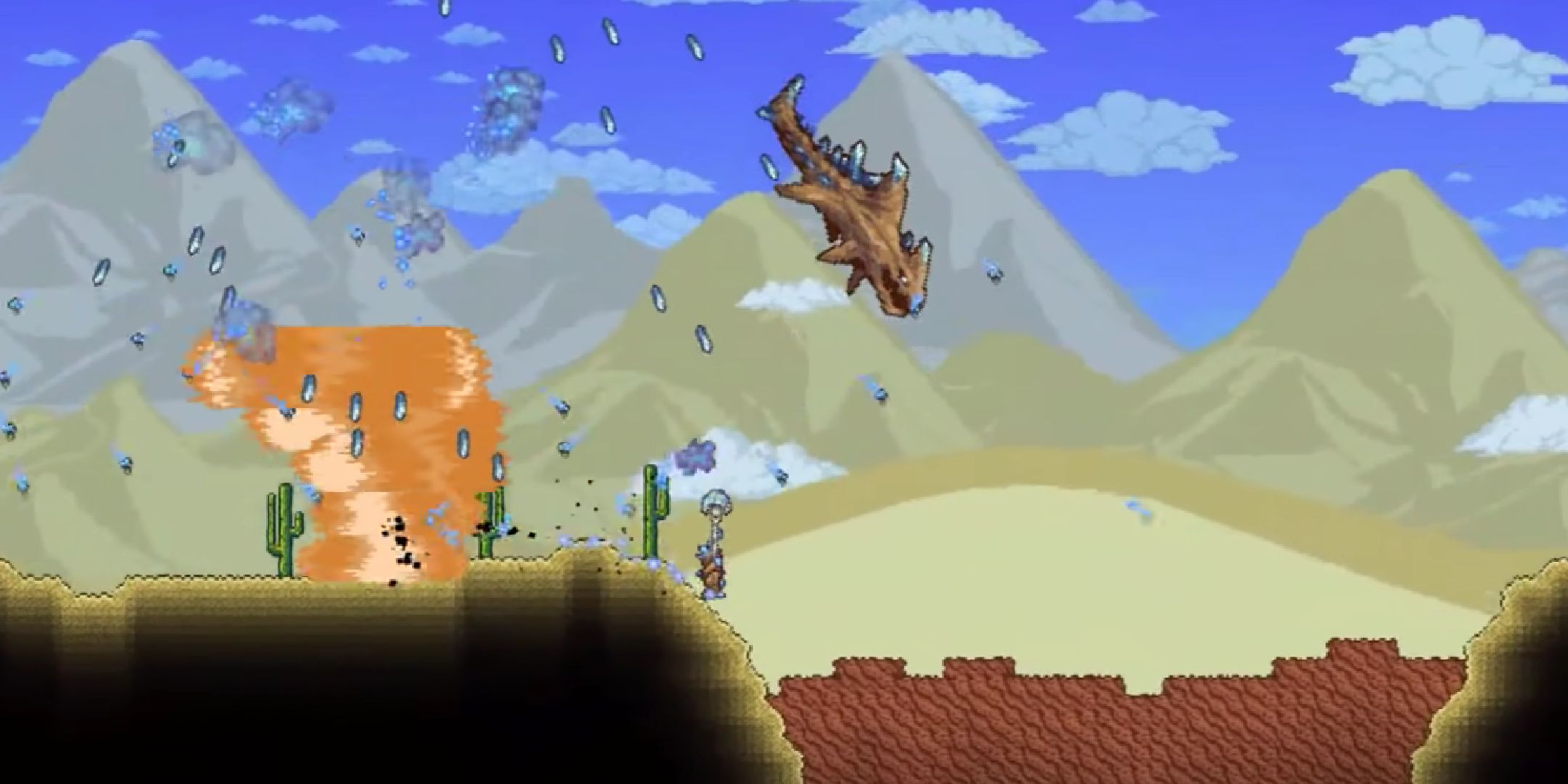 A player fighting a boss in Terraria Enigma Mod.