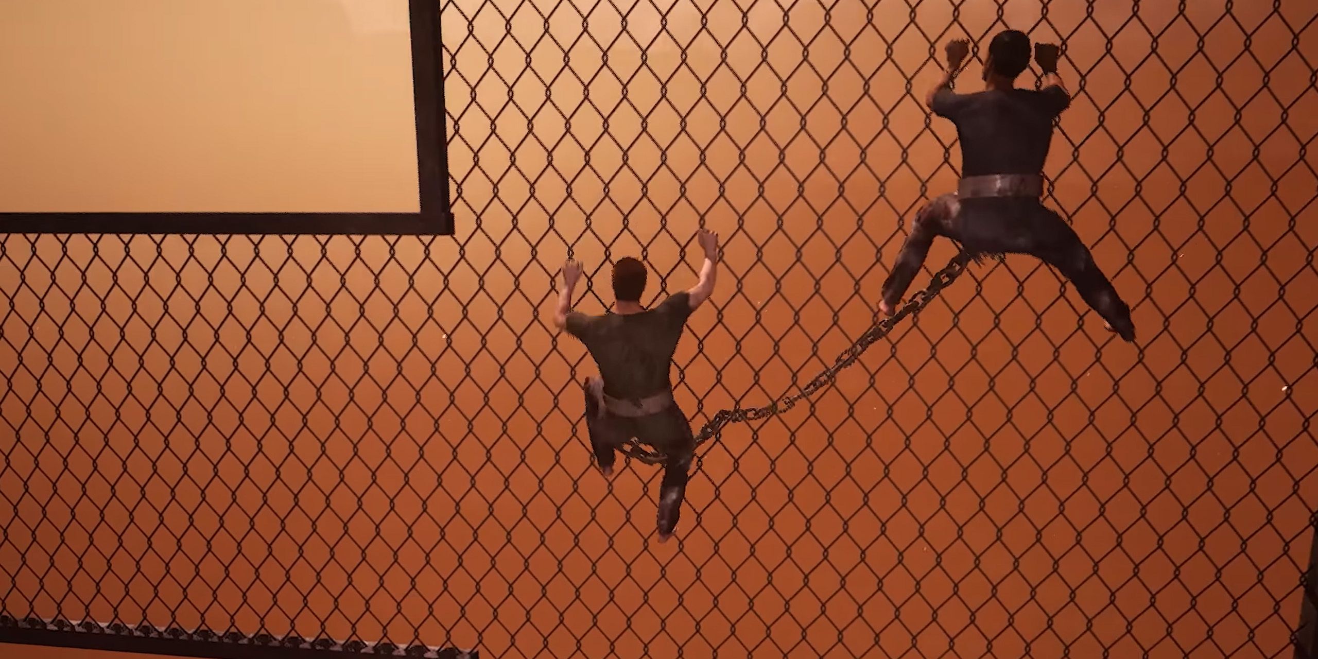 Two protagonists from Chained Together climbing a chain-link fence.