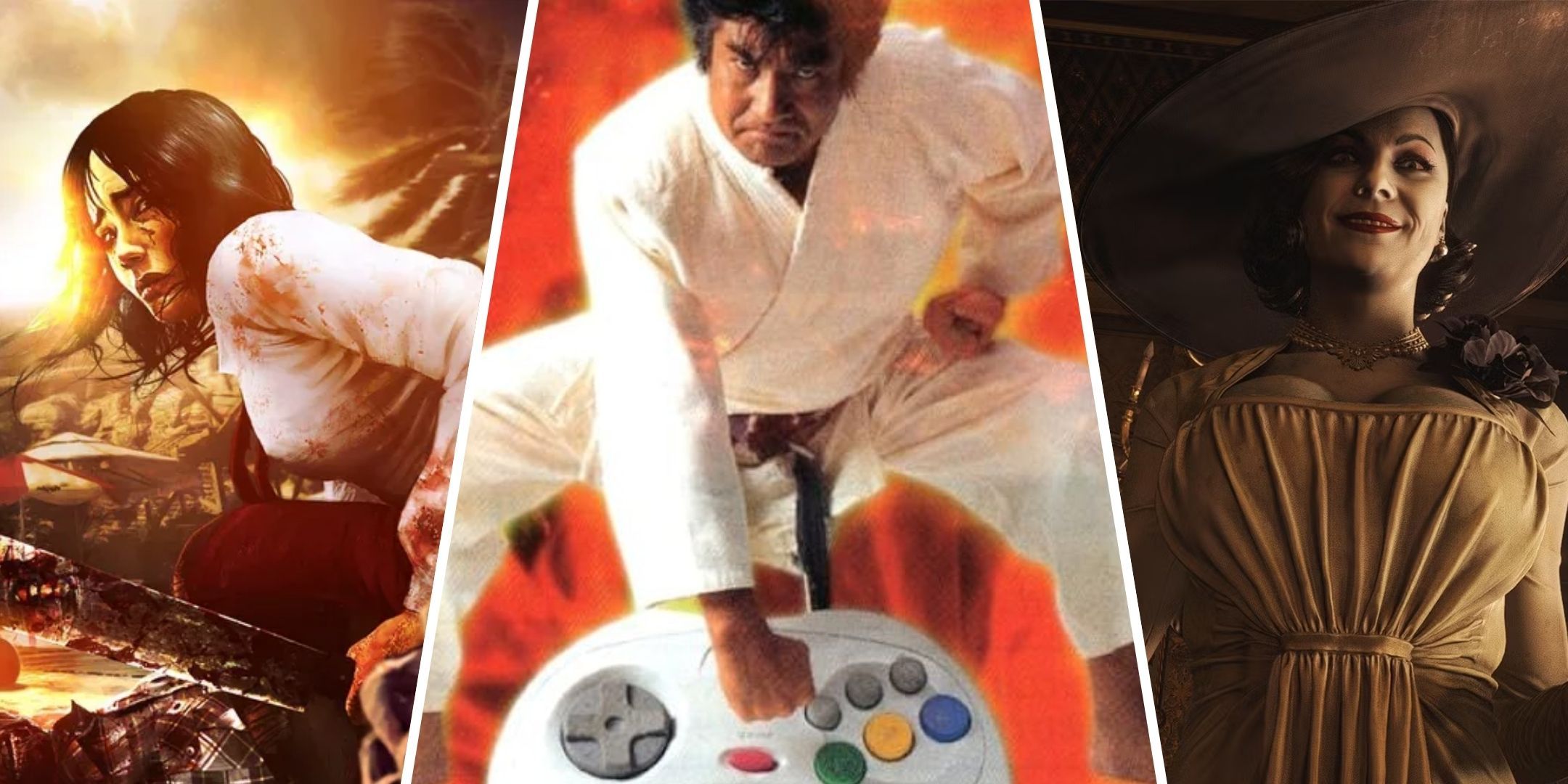 Split image of a dead island character, Sagata Sanshiro and Lady Dimitrescu.