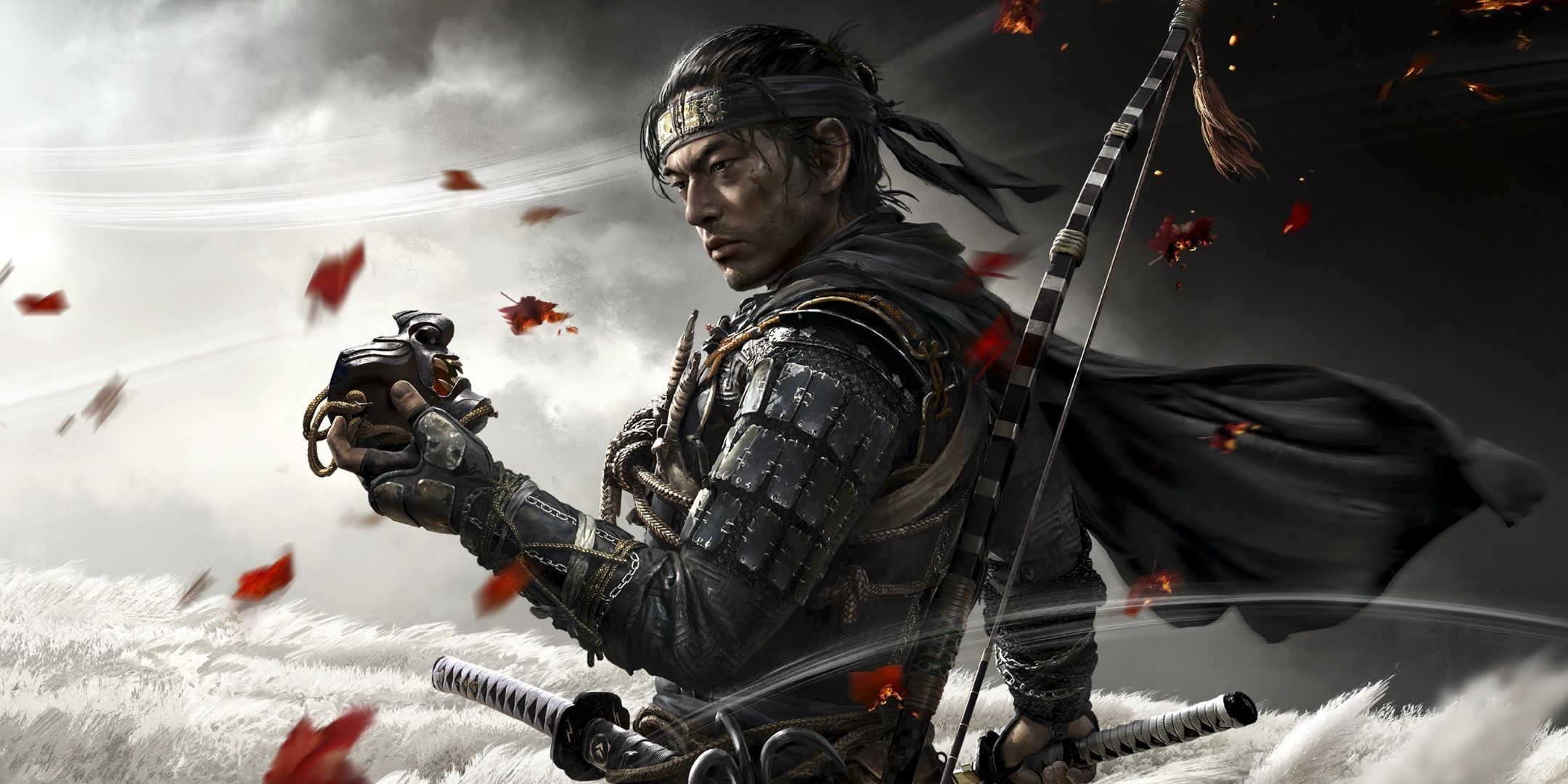 Cover art for Ghost of Tsushima, showing a samurai standing in a field. There is little colour other than red leaves in the wind