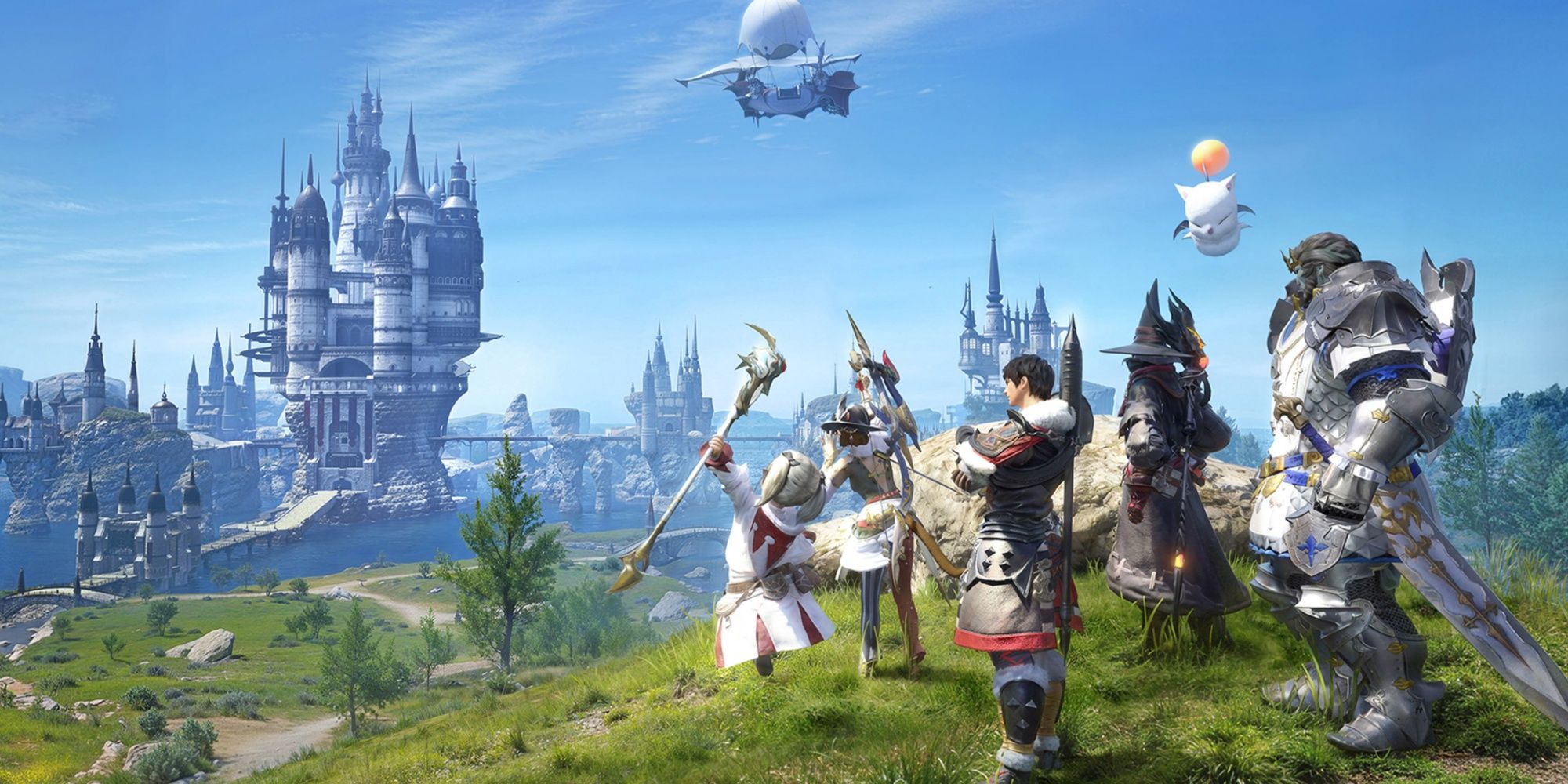 Final Fantasy 14 Mobile characters looking at a distant castle