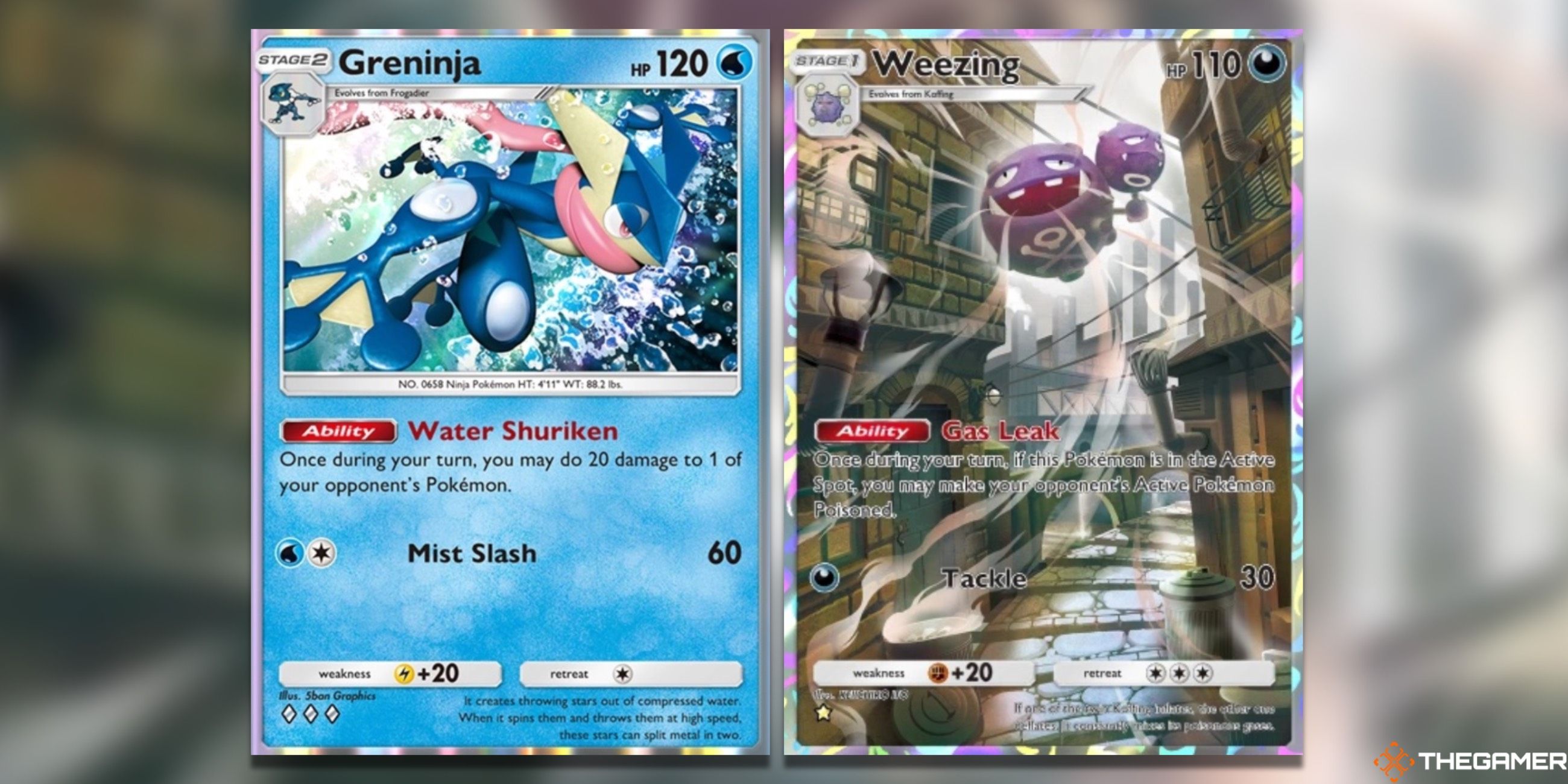The Weezing Full Art & Greninja from Genetic Apex in Pokemon Trading Card Game Pocket.