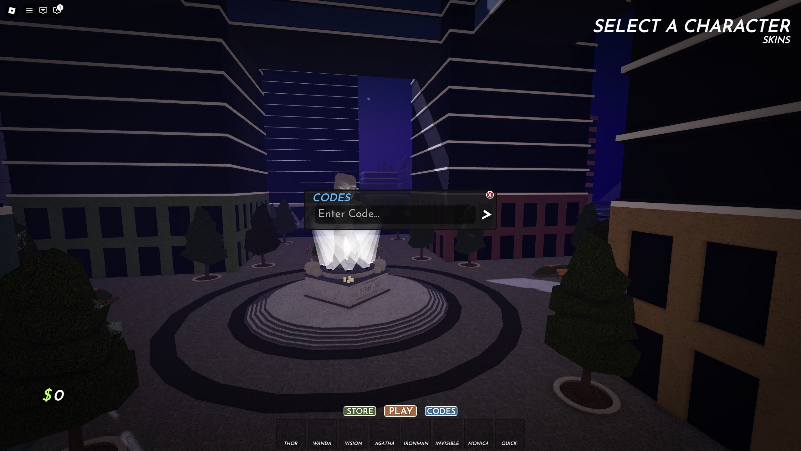 the codes box in Marvel Omega on Roblox