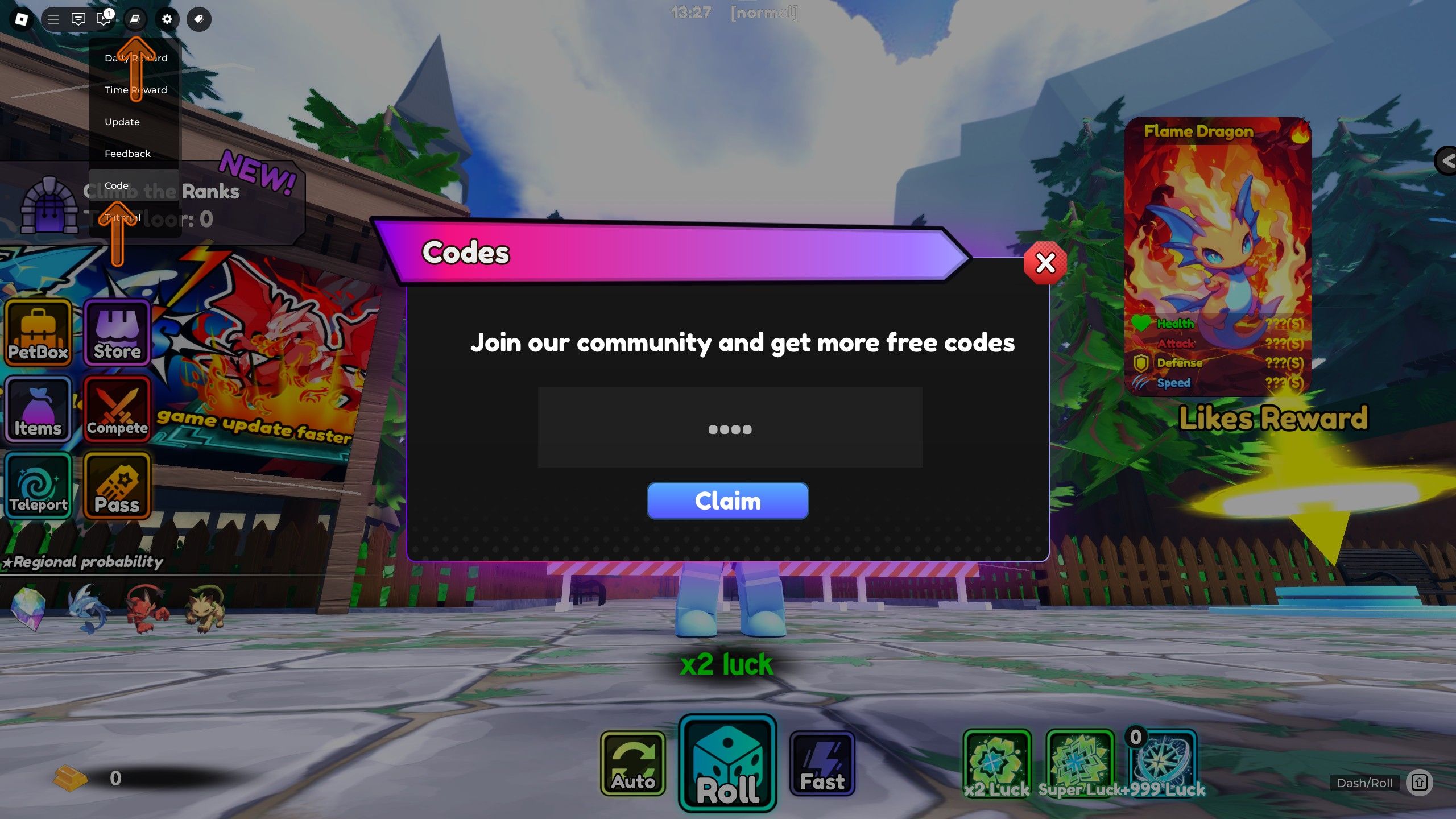 the codes box in Pet Battle Adventure on Roblox